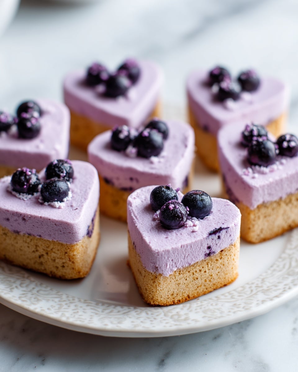 The image shows six heart-shaped mini cakes with a light golden brown base layer that looks soft and moist. On top of the base, there is a thick layer of pale purple creamy icing that covers the entire surface of each cake. Small dark blueberries are gently pressed into the purple layer, adding texture and color contrast. The cakes are placed on a white plate with delicate patterns, set on a white marbled textured surface. The overall look is neat and inviting, with the purple and blue tones standing out against the warm golden base. Photo taken with an iphone --ar 4:5 --v 7