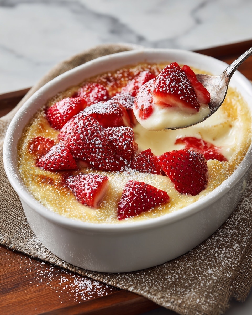A white oval dish filled with a shallow, creamy yellow baked layer as the base, topped with a single layer of bright red, sliced strawberries scattered evenly across the surface. Some strawberries are slightly sunken into the soft custard layer, creating a textured, uneven look. A light dusting of white powdered sugar is sprinkled over the strawberries, giving them a frosted appearance. A silver spoon is scooping out a portion from the bottom right corner of the dish, showing the soft texture of the custard beneath the strawberries. The dish sits on a coarse woven burlap cloth placed on a dark wood table, while the overall background is a white marbled texture. photo taken with an iphone --ar 4:5 --v 7