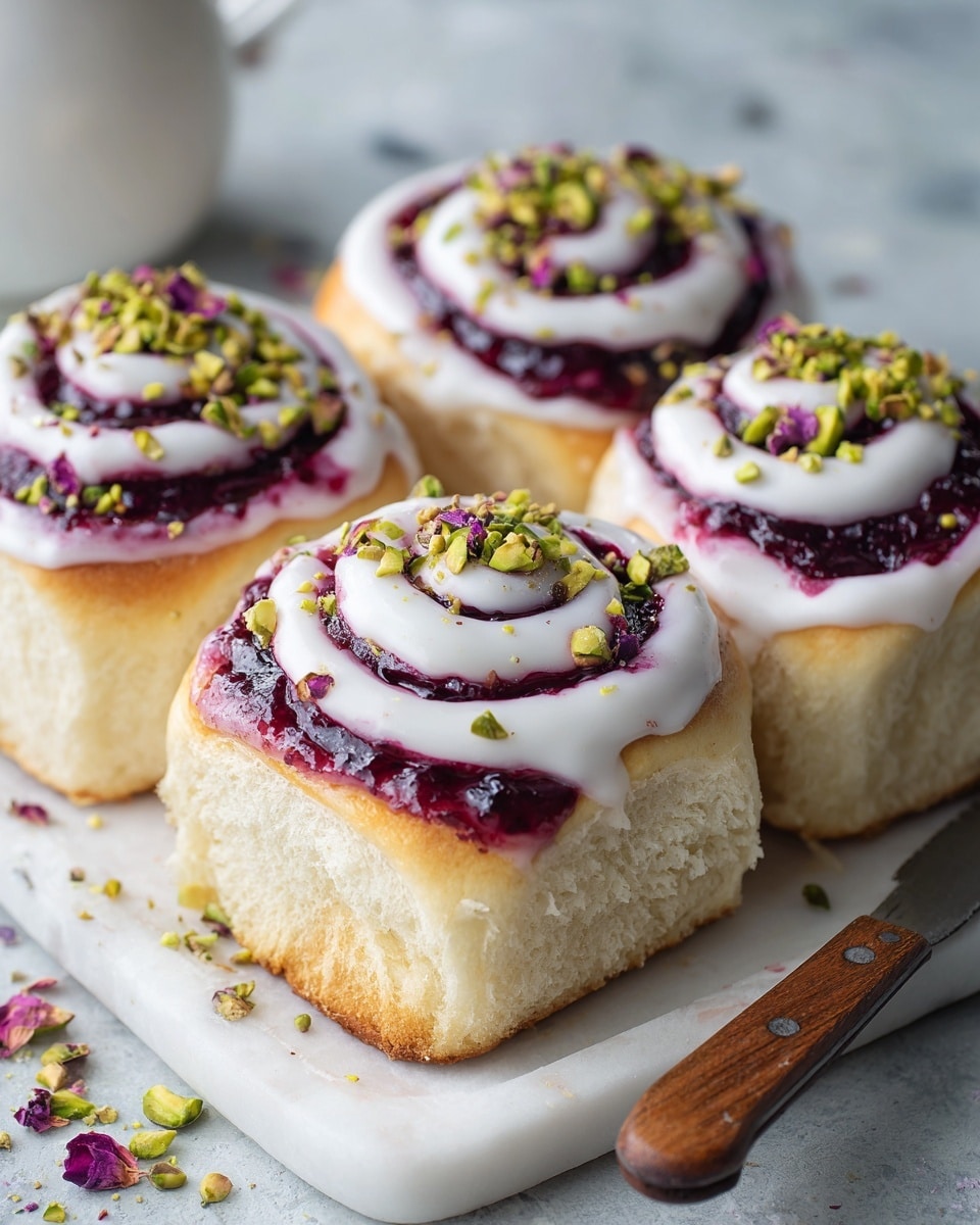 Four square-shaped cinnamon rolls sit on a white tray with a white marbled texture background. Each roll has three layers: a light golden-brown soft bread base, a thick white icing layer swirled on top, and a center filled with deep purple jam-like fruit topping. The purple center is sprinkled with chopped green pistachios and small bits of dried pink rose petals scattered around. The rolls look fluffy, creamy, and fresh with a slight shine on the icing and jam. Photo taken with an iphone --ar 4:5 --v 7