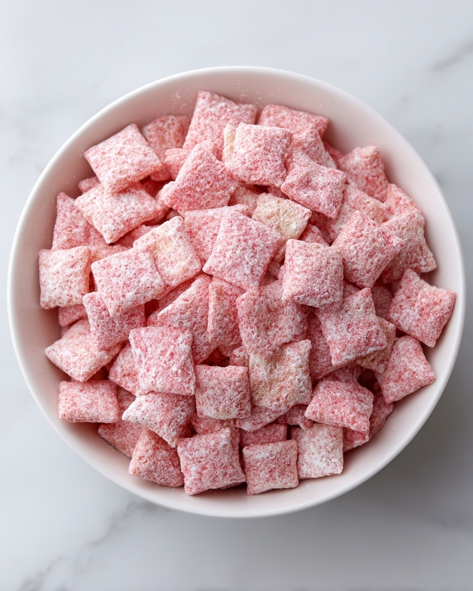 A white bowl filled with many small, pillow-shaped cereal pieces that are light pink with a soft powdery white coating on top, giving them a snowy look. The cereal pieces appear soft and slightly textured, piled high inside the bowl, with a few scattered around the bowl on a white marbled surface. photo taken with an iphone --ar 4:5 --v 7