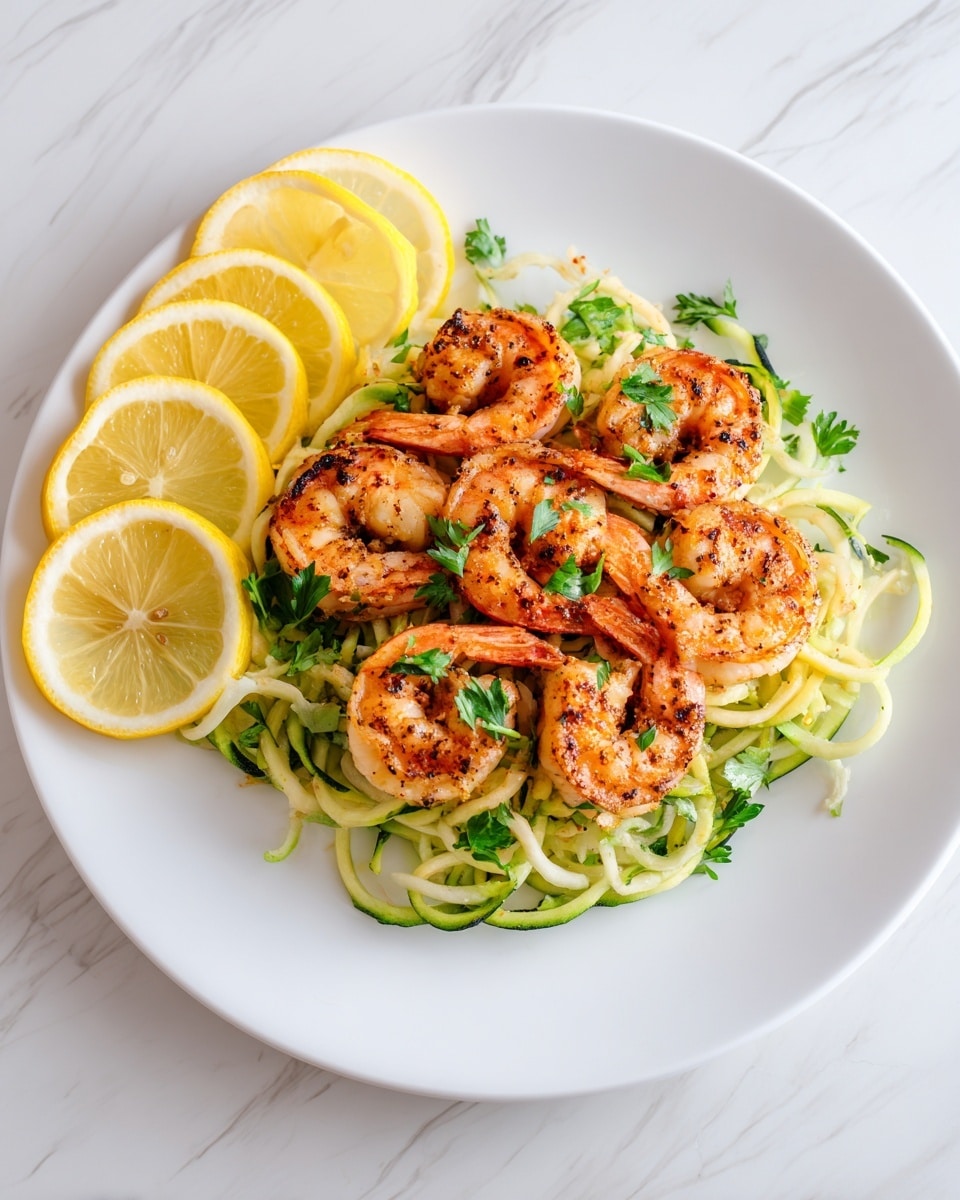 A white plate holds a bed of green zucchini noodles arranged in loose spirals as the first layer, topped with a layer of golden-brown grilled shrimp scattered evenly across. To one side, three bright yellow lemon slices rest partially overlapping, adding a pop of color. Small green parsley flakes are sprinkled lightly over the shrimp and zucchini, adding a fresh touch. The plate sits on a white marbled surface that brightens the whole presentation. photo taken with an iphone --ar 4:5 --v 7
