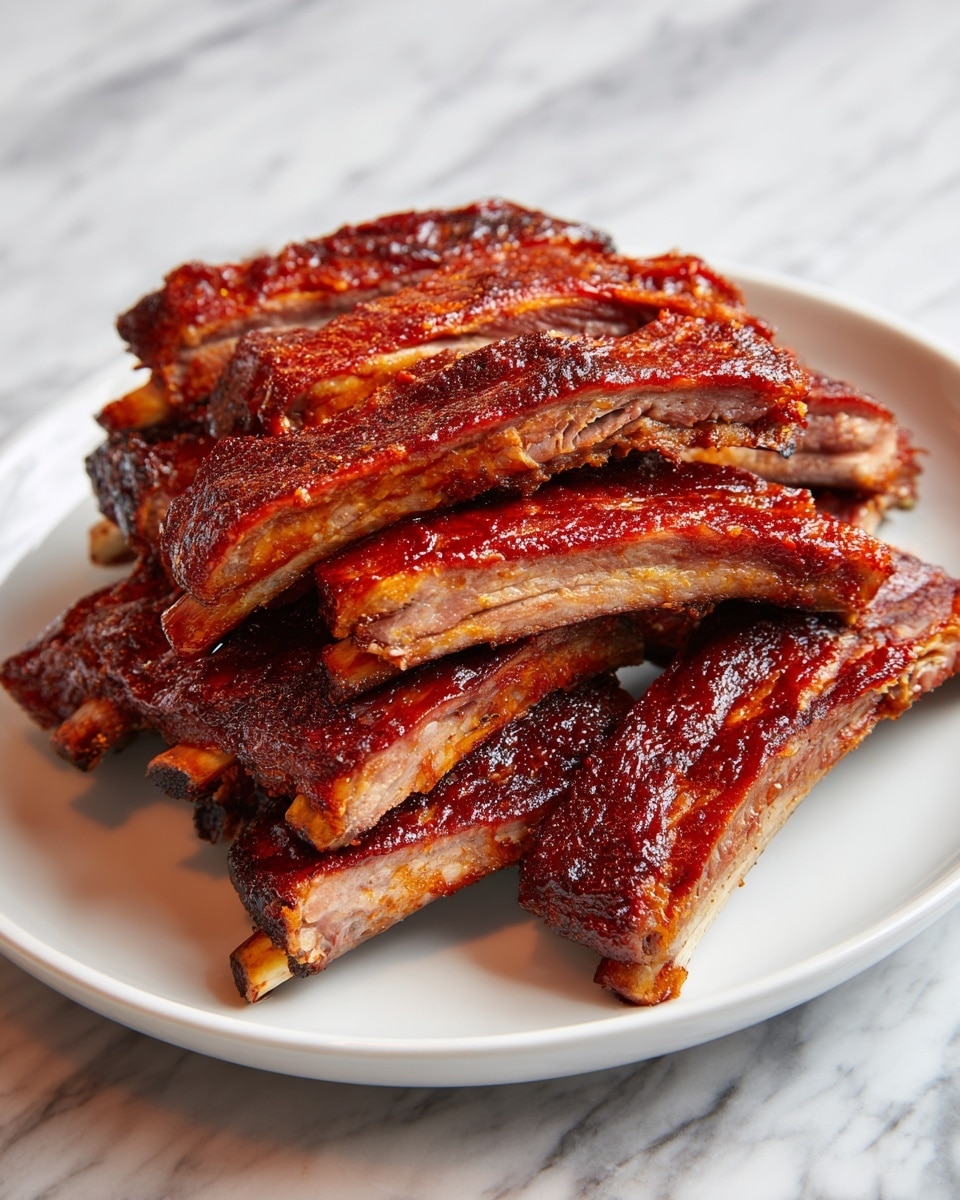 A white plate holds a stack of shiny barbecue ribs, arranged in two layers with the bottom layer mostly covered by the top. Each rib is thickly coated in a deep reddish-brown sauce with a glossy texture, showing some caramelized edges and small specks of spices. The ribs have visible bone ends peeking out at both ends, and the meat looks tender with slight charring. The plate sits on a white marbled surface, highlighting the rich colors of the ribs. photo taken with an iphone --ar 4:5 --v 7