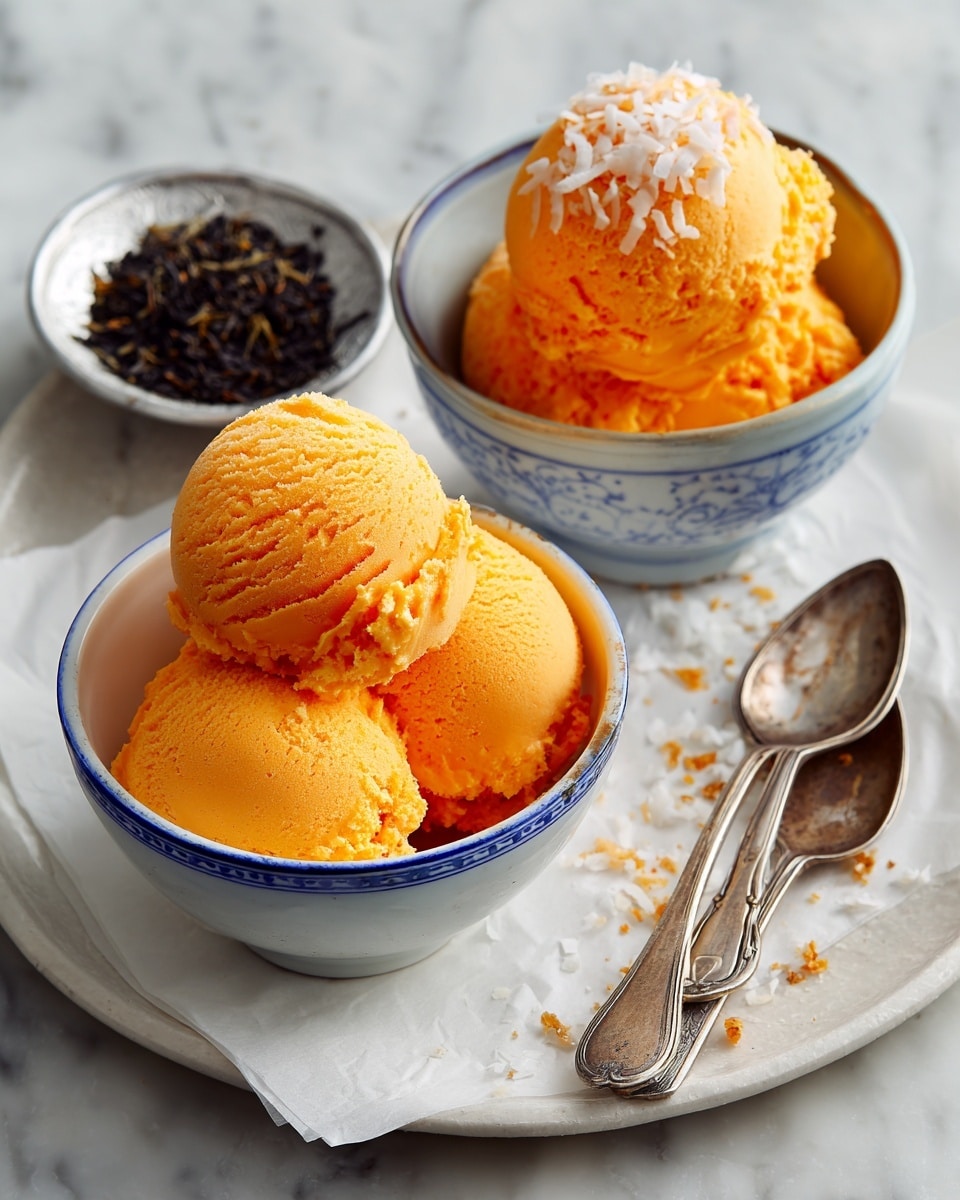 The image shows two white bowls with blue rims holding bright orange scoops of ice cream. The upper bowl contains two smooth and creamy scoops of orange ice cream, while the lower bowl has one scoop with toasted coconut flakes on top. To the right of the bowls, there are two small white dishes with toasted coconut flakes, one finely shredded and the other in larger curls. In the top right corner, a metallic bowl is filled with dark, crumbly dried tea leaves scattered slightly around the area. Two silver spoons lie near the bottom left corner on a white marbled texture, along with a partial view of a metallic tray along the left edge of the frame. photo taken with an iphone --ar 4:5 --v 7
