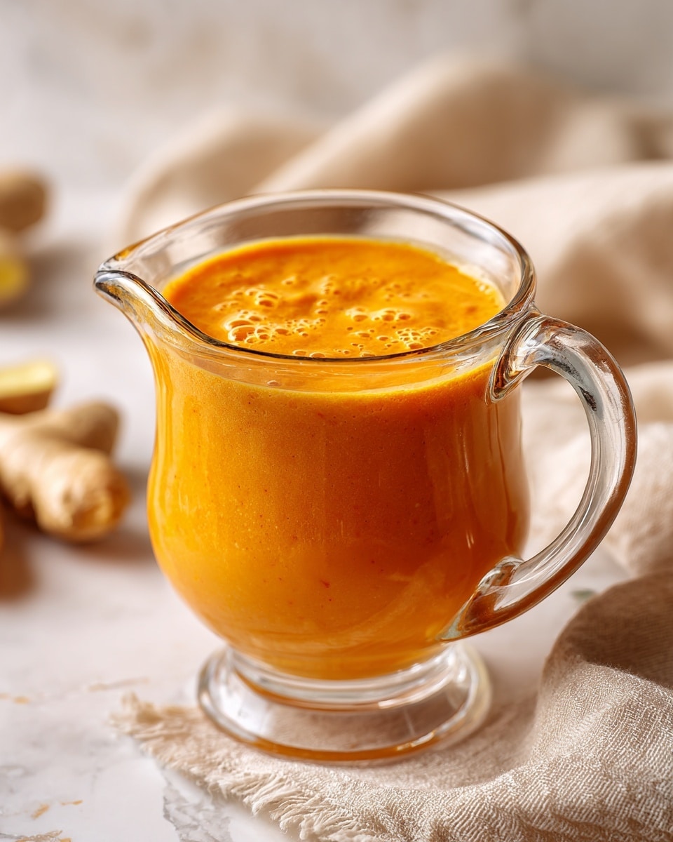 A clear glass pitcher filled with smooth, thick orange sauce fills most of the frame, showing gentle swirls and a creamy texture on top. The pitcher has a sturdy handle on the left side and a pouring spout on the right. The background is a white marbled surface with a soft pink cloth blurred in the top right corner and two small pieces of ginger partially visible on the left. The scene is simple, bright, and softly lit, highlighting the sauce's vibrant orange color. Photo taken with an iphone --ar 4:5 --v 7