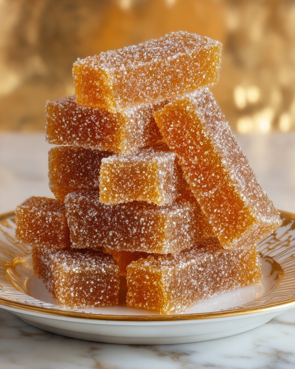 The image shows a stack of seven rectangular jelly candy sticks on a white plate with gold trim. Each candy is a translucent amber-yellow color covered evenly in tiny white sugar beads, giving them a bumpy texture. The candies are arranged in a crisscross pile with some laying flat and others leaning horizontally on top. The background is blurred with warm golden tones and the surface beneath the plate is a white marbled texture. photo taken with an iphone --ar 4:5 --v 7