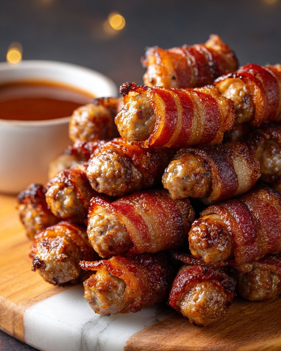 A close-up view of a pile of small sausages wrapped in crispy, golden-brown bacon pieces with visible crunchy bits on the surface, stacked in several layers on a wooden board placed on a white marbled background; the rich, shiny textures of the bacon and sausages fill the frame, giving a warm and appetizing look. Photo taken with an iphone --ar 4:5 --v 7