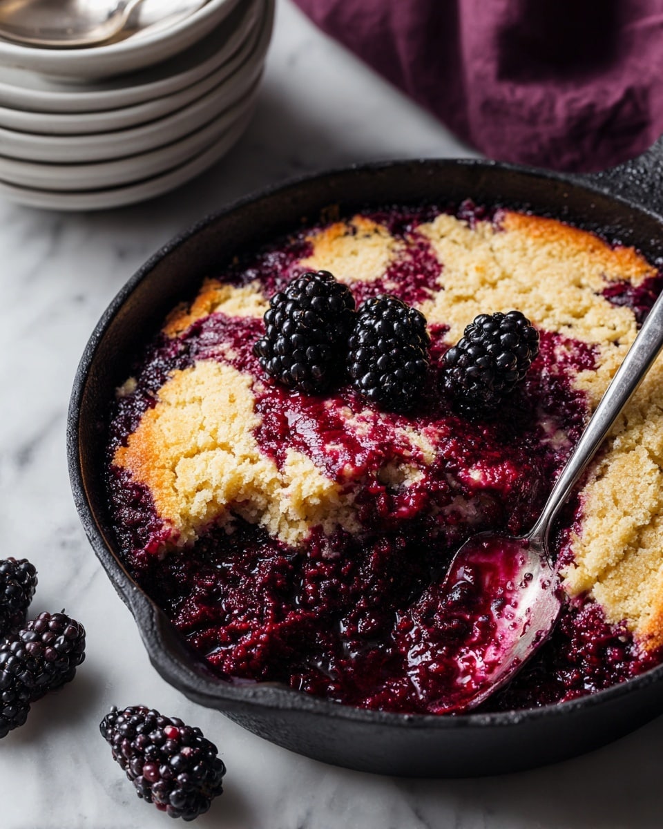 The image shows a close-up of a baked dessert with two main layers in a black cast iron pan: a rich dark purple-black layer made of cooked berries that looks jammy and moist, and a light golden brown cake layer that is soft and slightly crumbly, spread unevenly on top. Two fresh blackberries sit on the left side near the edge of the pan. The dessert surface is rustic and textured with swirls of the berry filling mingling with the cake. The background has stacked white bowls and a spoon, all placed on a white marbled surface, with a dark purple cloth partially visible. photo taken with an iphone --ar 4:5 --v 7
