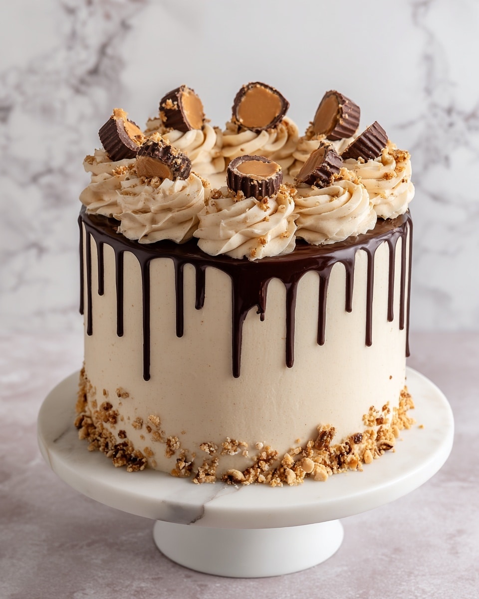 The image shows a tall round cake with three layers covered in smooth light beige frosting. Dark chocolate drips down from the top edge evenly around the cake, creating a rich contrast. On top of the cake, there are eight evenly spaced swirls of the same light beige frosting, each topped with a half peanut butter cup and some crushed nuts sprinkled between the swirls. The cake is placed on a white marble cake stand, and the background has a white marbled texture. Photo taken with an iphone --ar 4:5 --v 7