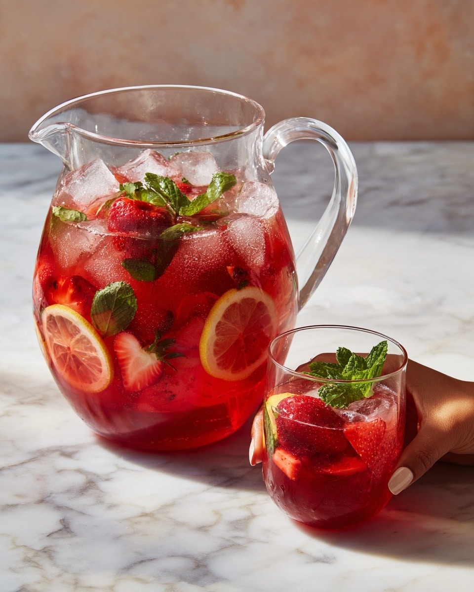 A clear glass pitcher filled with a red drink that has many ice cubes floating on top, along with slices of lemon, whole strawberries, and green mint leaves mixed throughout. Next to the pitcher, there are two tall clear glasses filled with the same red drink, ice, and lemon slices. The scene is set on a white marbled surface, and the light makes the drink look bright and refreshing. Photo taken with an iphone --ar 4:5 --v 7