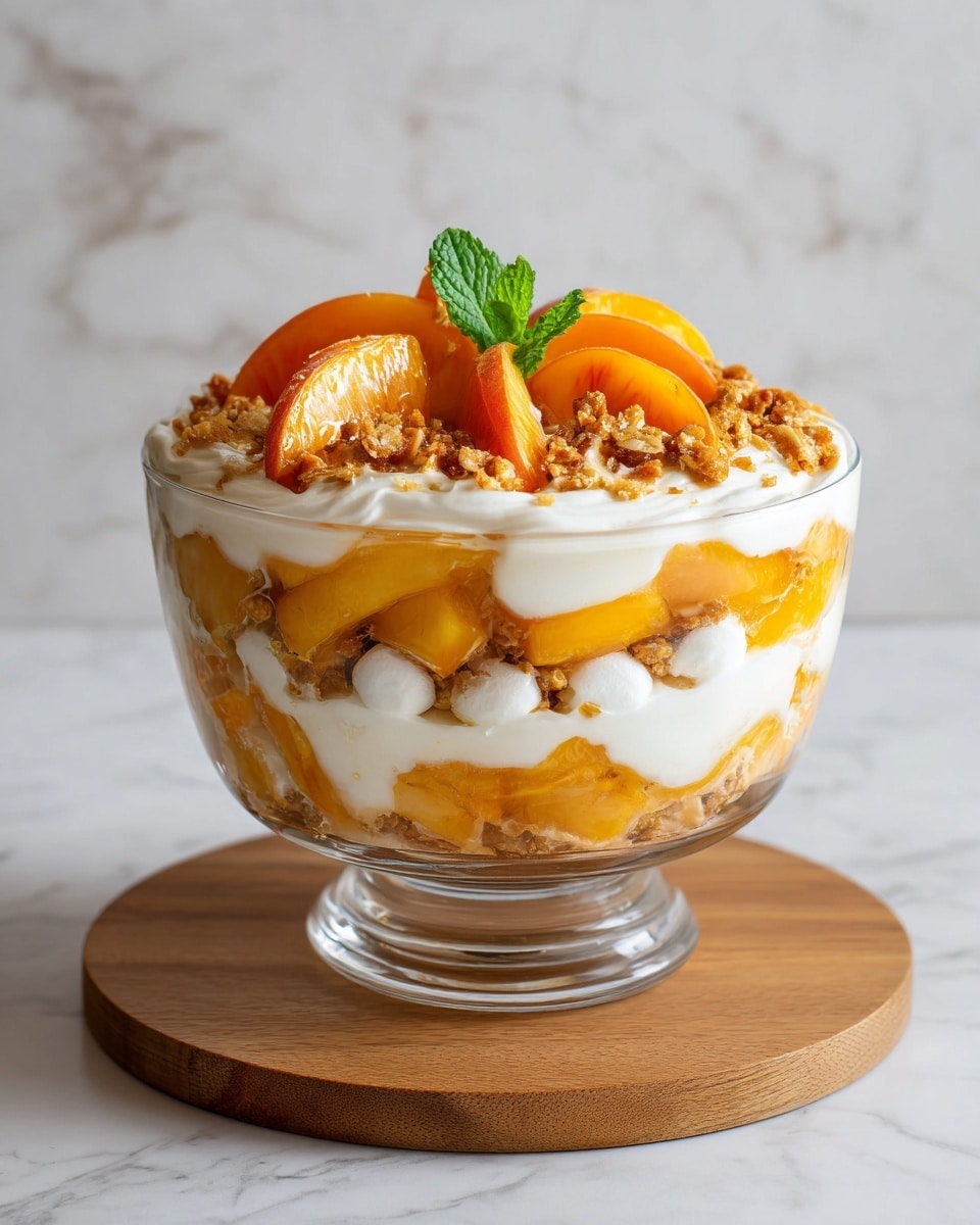 The image shows a clear glass bowl filled with a dessert that has multiple layers. The bottom layer is white and creamy, likely yogurt or cream, followed by a layer of soft peach slices with a vibrant orange color. There is a drizzle of golden honey or syrup running through the middle, adding a shiny texture. Another thick layer of white cream sits on top of this, with scattered pieces of crunchy granola and more fresh peach slices arranged around the edges. The dessert is garnished with a small green mint leaf cluster in the center. The bowl is placed on a wooden board, and behind it is a whole peach with a reddish-orange skin, all set on a white marbled surface. Photo taken with an iphone --ar 4:5 --v 7