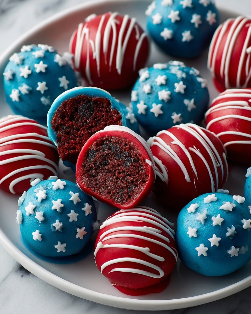 The image shows round cake balls decorated in red and blue with white accents. The red cake balls have smooth red coating with thin white lines wrapped around them, forming a striped pattern. The blue cake balls are coated with a smooth blue layer and decorated with small white star shapes scattered on top. One red cake ball is bitten, revealing a dark, moist chocolate inside, with the red coating as the outer layer. All the cake balls are arranged closely together on a white plate placed on a white marbled surface. photo taken with an iphone --ar 4:5 --v 7