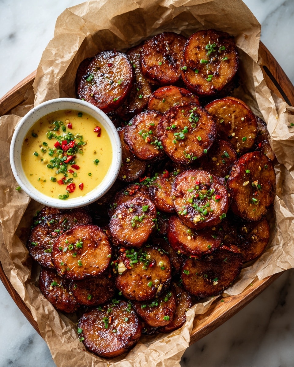 This image shows a white bowl filled with a creamy pale yellow sauce topped with small green herb pieces and red pepper flakes, placed on a square tray lined with brown parchment paper. Surrounding the bowl are several slices of browned, glossy, caramelized sausage with a shiny glaze and scattered green herbs on top. The sausages are spread unevenly across the parchment paper, creating a textured surface with little bits of chili flakes and herbs sprinkled around. The tray itself is wooden with a rustic look, all placed on a white marbled textured surface. photo taken with an iphone --ar 4:5 --v 7