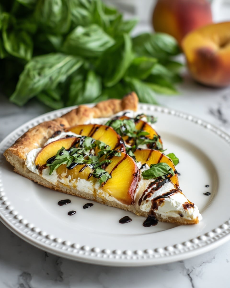 A single slice of pizza with a golden brown crust sits on a white plate with a beaded edge. The pizza slice has one visible thin layer of creamy white cheese on top of the crust. On top of the cheese are bright yellow peach slices and scattered dark green basil leaves. A dark brown balsamic glaze is drizzled over the peach slices and basil, adding glossy texture and contrast. The plate is set on a white marbled surface, and in the background, there are two peaches and a bunch of fresh basil leaves. Photo taken with an iphone --ar 4:5 --v 7