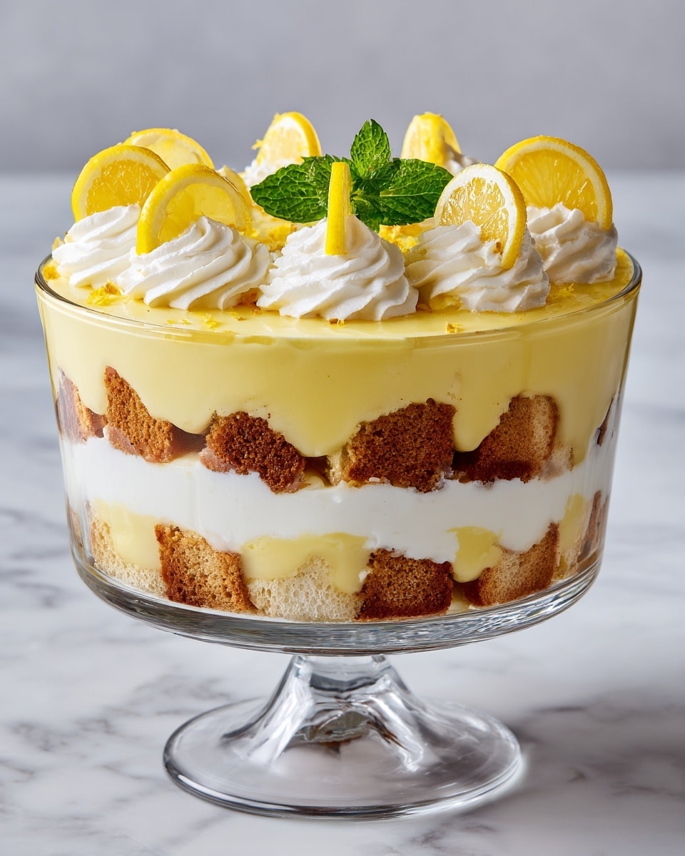 A glass trifle bowl holds a layered dessert with five distinct layers. The bottom layer is light brown cake pieces that look moist and crumbly. Above it is a smooth pale yellow pudding layer. Next is a thick white creamy layer. Then another layer of the same light brown cake pieces. On top is a thick light yellow custard-like layer. The dessert is decorated with white swirls of whipped cream around the edges and lemon slices placed upright on each swirl. In the center, fresh green mint leaves add color. The bowl sits on a white marbled surface. Photo taken with an iphone --ar 4:5 --v 7
