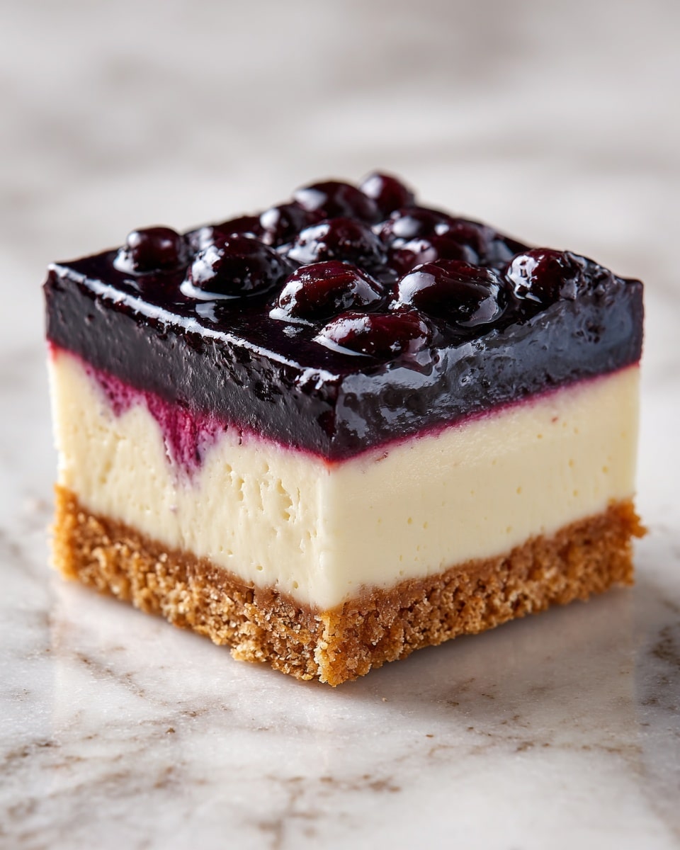 A close-up of a square slice of dessert with three clear layers sitting on a piece of parchment paper. The bottom layer is a light brown, crumbly crust. The middle layer is thick, creamy, and white with a smooth texture. The top layer is a dark purple blueberry topping with a glossy, juicy appearance and whole blueberries visible. The background has a white marbled texture. photo taken with an iphone --ar 4:5 --v 7