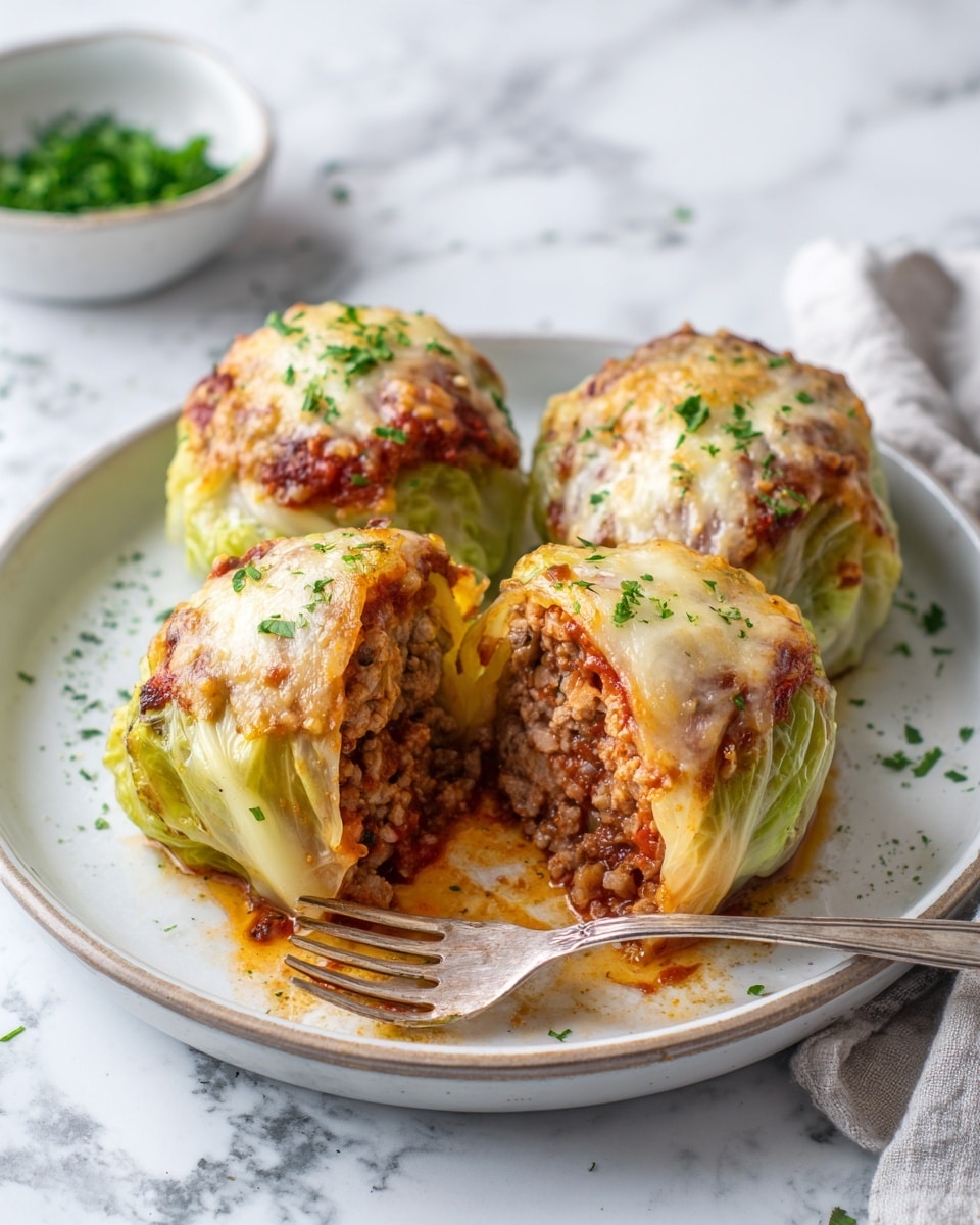 The image shows three stuffed cabbage rolls on a white plate set on a white marbled surface. Each cabbage roll has several layers: the outer layer is light green cabbage leaves that hold a filling made of browned ground meat mixed with a red tomato sauce. The top layer has melted, golden-brown cheese with a slightly crispy texture, sprinkled with small pieces of chopped green herbs. The tomato sauce beneath the rolls is bright red and slightly chunky, spreading a bit onto the plate. A silver fork rests to the right on the plate. In the background, there is a small white bowl filled with finely chopped green herbs. Photo taken with an iphone --ar 4:5 --v 7
