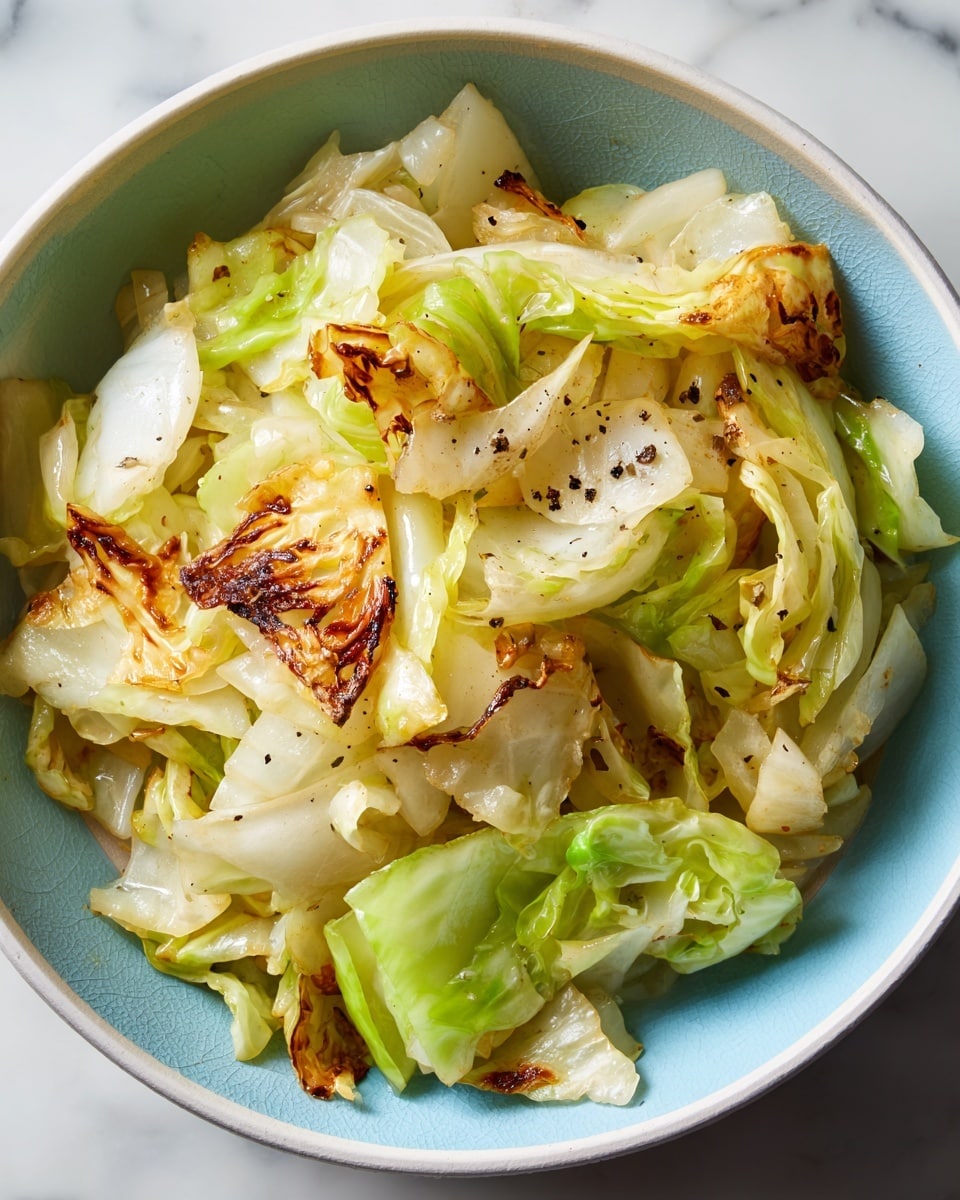 A white plate holds a pile of cooked cabbage with soft, light green and white shredded pieces mixed with golden-brown edges where the cabbage is slightly crispy. The cabbage layers appear tender and slightly wilted, giving a mix of smooth and slightly rough textures. The plate sits on a white marbled surface with part of a fresh green cabbage visible in the corner. The photo taken with an iphone --ar 4:5 --v 7