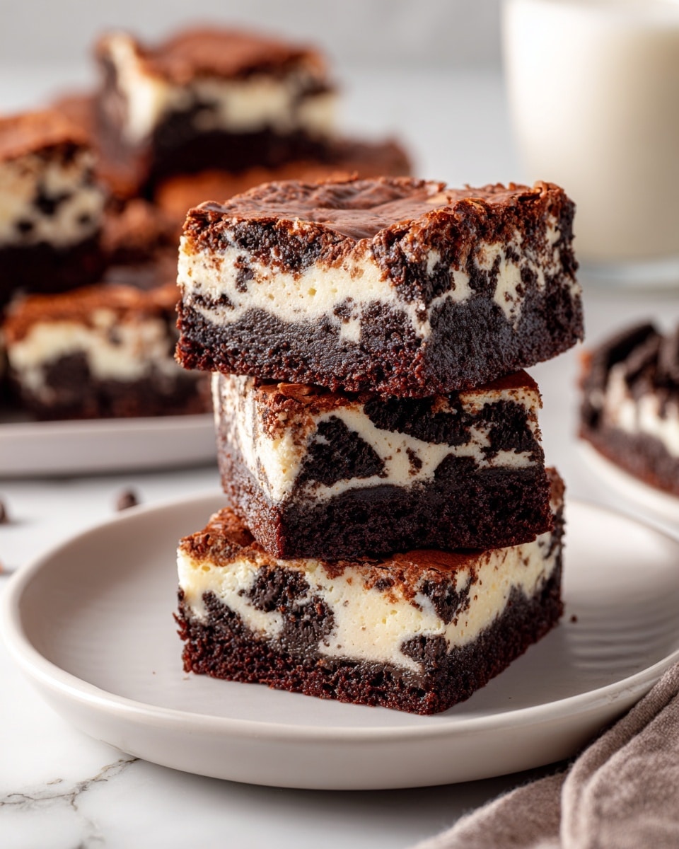 Three square pieces of brownie stacked on a white plate, each showing two layers with a dark brown chocolate brownie layer on the top and bottom, and a creamy white layer with Oreo cookie pieces in the middle. The brownie layers have a slightly cracked texture, and the Oreo pieces in the creamy layer create a marbled black and white effect. In the background, there is a glass of milk and more brownies slightly out of focus, all set on a white marbled surface. Photo taken with an iphone --ar 4:5 --v 7