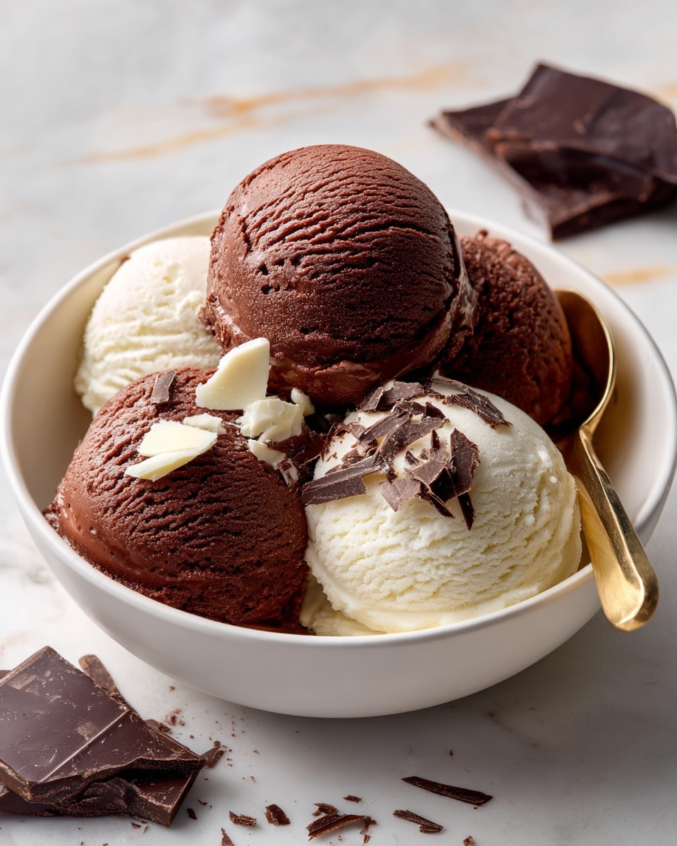 A white bowl filled with four scoops of ice cream stacked close together, three scoops are dark brown chocolate with smooth and soft texture, and one scoop on top is pure white vanilla with a creamy surface. Small pieces of white chocolate and dark chocolate shavings are sprinkled on the top and around the scoops, adding texture and contrast. A gold spoon is placed inside the bowl on the right side, with the handle rising out. The bowl is on a white marbled surface, with a few pieces of dark chocolate scattered in the background. Soft lighting highlights the creamy texture of the ice cream and the shine on the chocolate pieces. photo taken with an iphone --ar 4:5 --v 7