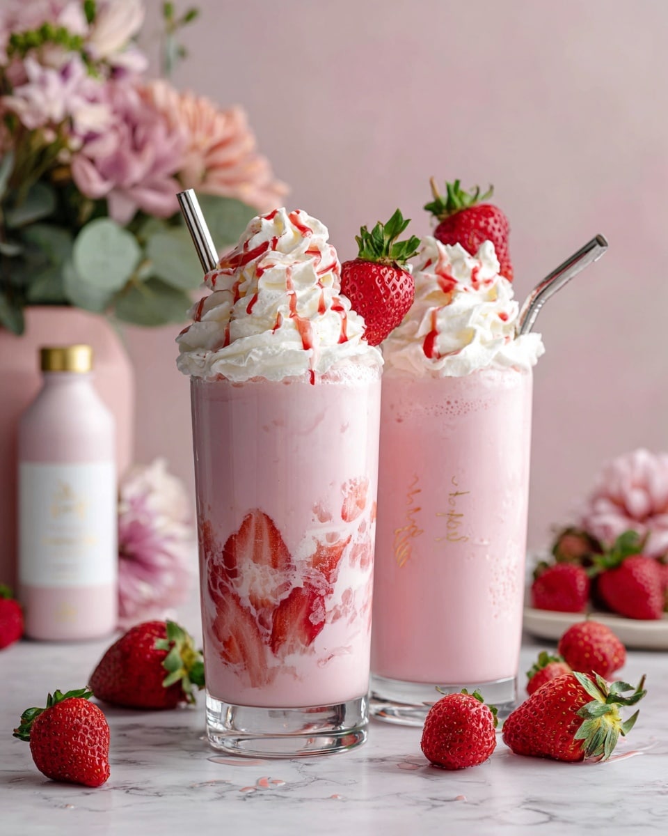Two tall clear glasses filled with a pink strawberry drink that has white whipped cream on top, drizzled with red strawberry syrup. Inside the drink are visible slices of fresh strawberries mixed with crushed ice. Each glass is garnished with a whole bright red strawberry with green leaves on the rim. There are two silver straws placed in the glasses, and around the glasses are fresh whole strawberries on a white marbled surface. In the background, there is a white bottle with pink and red strawberry designs, a green plant, and a pale pink backdrop. photo taken with an iphone --ar 4:5 --v 7