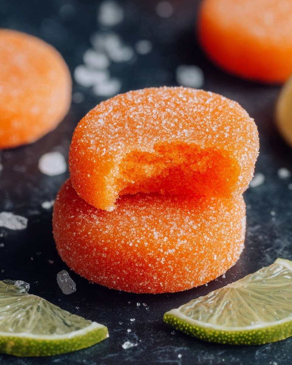 The image shows two bright orange round treats stacked on a dark surface with a white marbled texture background. The top treat is cut in half, revealing a soft, smooth, and rich orange interior that looks creamy and dense. Both treats are coated evenly with granulated sugar, giving them a sparkly and slightly rough texture on the outside. There is a wedge of lime, light green with a juicy texture, placed near the treats. Other similar round treats are blurred in the background, adding depth to the image. Photo taken with an iphone --ar 4:5 --v 7