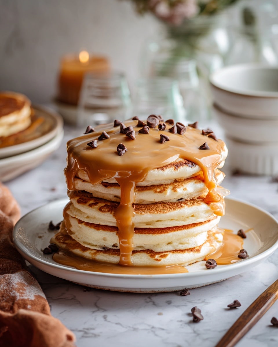 A stack of five thick pancakes sits on a white plate, each layer golden brown with a slightly rough texture. The pancakes are covered in a smooth, light brown sauce that drips down the sides, creating a glossy and creamy look. On top, small dark chocolate chips are scattered, adding contrast to the creamy sauce. The background shows a soft, white marbled texture with blurred elements in warm, neutral tones, and a woman's hand is reaching towards the stack from the right side. Photo taken with an iphone --ar 4:5 --v 7