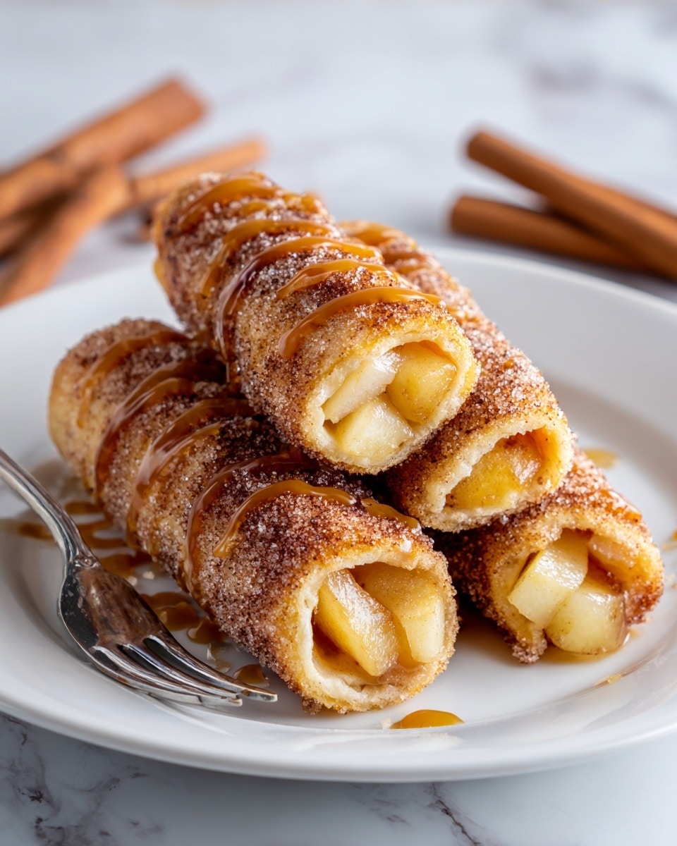 The image shows four rolled pastries stacked closely on a white plate, each covered in a layer of cinnamon sugar that gives them a grainy, speckled brown texture. Inside each roll, there is a visible soft, translucent fruit filling that looks slightly caramelized and juicy, peeking out from the ends. The rolls are drizzled with a shiny caramel sauce, adding a glossy amber color that contrasts with the matte sugar coating. A silver fork rests behind the pastries on the same plate, and the whole scene is set on a white marbled surface with cinnamon sticks blurred in the background. photo taken with an iphone --ar 4:5 --v 7