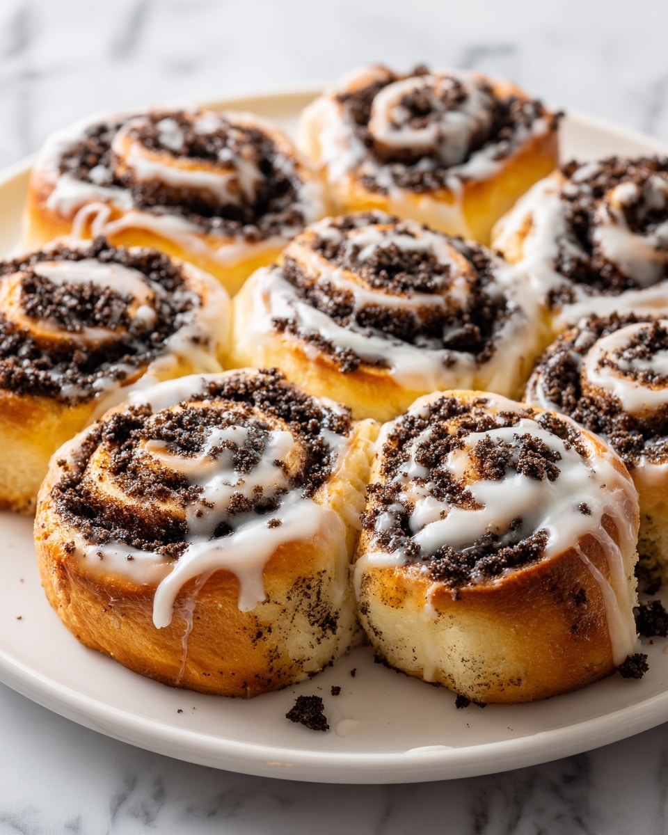 The image shows several Cookies & Cream rolls arranged closely together on a white marbled surface. Each roll has multiple layers of light golden-brown dough spiraled around a thick, dark black cookies and cream filling that looks crumbly and rich. A smooth white icing is drizzled unevenly over the top of the rolls, creating a shiny contrast against the dark filling and warm dough. The rolls have a slightly fluffy texture with some crispy edges, and a few small bits of cookie crumbs are scattered around them. photo taken with an iphone --ar 4:5 --v 7