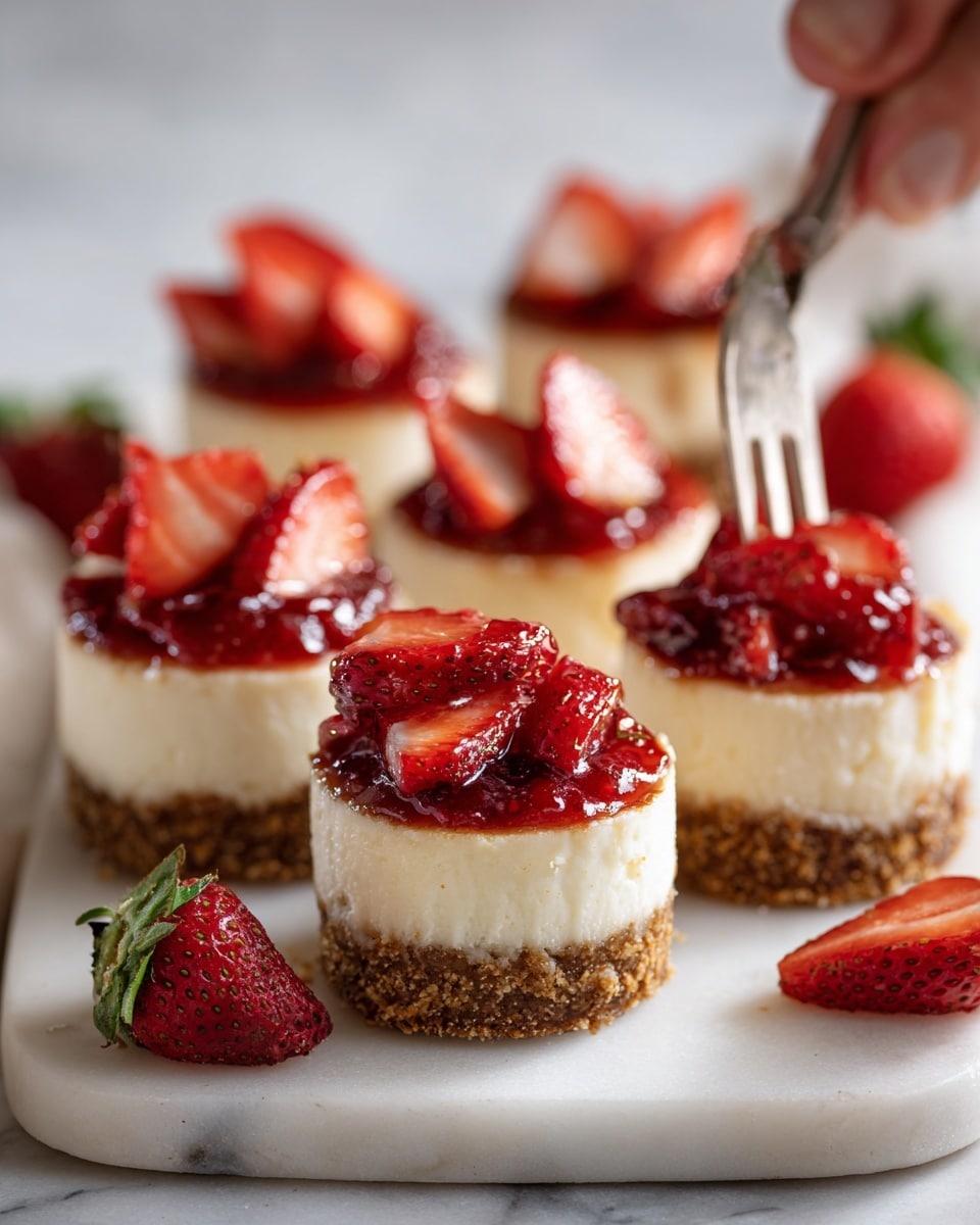 The image shows six small round mini cheesecakes on a white marbled surface, each topped with bright red strawberry slices and a layer of strawberry glaze that glistens under the light. Each mini cheesecake has three distinct layers: a thick, crumbly brown crust at the bottom, a smooth and creamy off-white cheesecake middle layer, and a shiny, vibrant red strawberry topping with pieces of fresh strawberries arranged on top. Scattered fresh whole strawberries are placed around the cheesecakes giving a fresh and colorful look. A woman's hand is holding a white plate with some of the mini cheesecakes stacked on it in the background, slightly out of focus. The overall tone is bright and fresh, with crisp details on the fruit and creamy texture. photo taken with an iphone --ar 4:5 --v 7