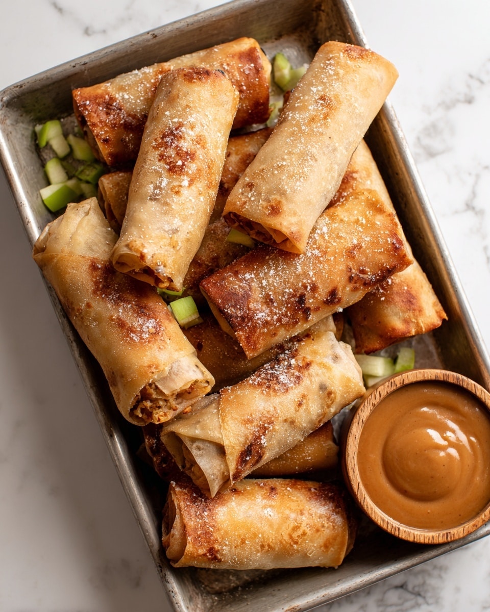 A metal tray filled with about a dozen golden-brown rolled pastries, each covered with a light dusting of granulated sugar giving a slightly rough texture on top; the pastries are stacked unevenly in the center, showing some darker toasted areas on the surface. Small green apple cubes are scattered around the pastries, adding touches of bright green and white. At the lower right corner inside the tray, there is a white bowl holding smooth, glossy brown caramel sauce that looks thick and shiny. The tray is placed on a white marbled surface. photo taken with an iphone --ar 4:5 --v 7