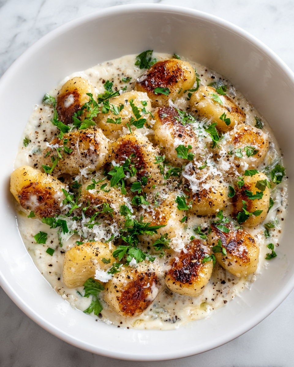 A white bowl filled with about two layers of browned gnocchi pieces, each piece having a golden crisp on top, sitting in a creamy white sauce that covers the bottom of the bowl. The dish is sprinkled with finely grated white cheese and chopped fresh green parsley leaves evenly spread across the gnocchi. Small specks of black pepper are scattered on top, adding contrast. The white bowl is placed on a white marbled surface. photo taken with an iphone --ar 4:5 --v 7