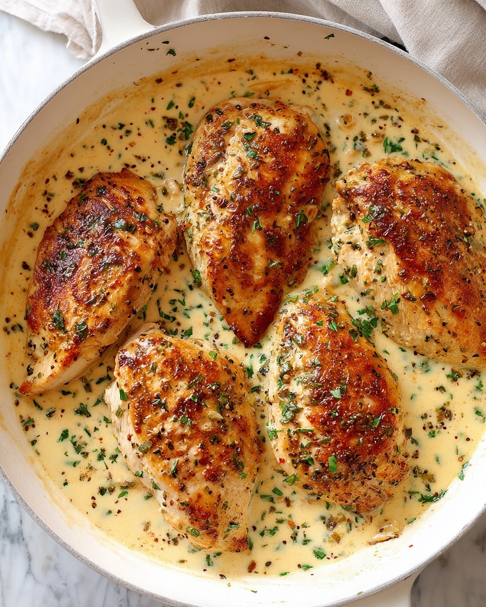 The image shows a white skillet filled with five golden brown cooked chicken breasts sitting on a creamy white sauce. The chicken has a slightly crisp texture with herbs sprinkled all over, adding specks of dark green and black. The creamy sauce beneath the chicken is smooth and glossy, filling the base of the skillet, creating a nice contrast with the browned chicken on top. The skillet rests on a white marbled surface. Photo taken with an iphone --ar 4:5 --v 7