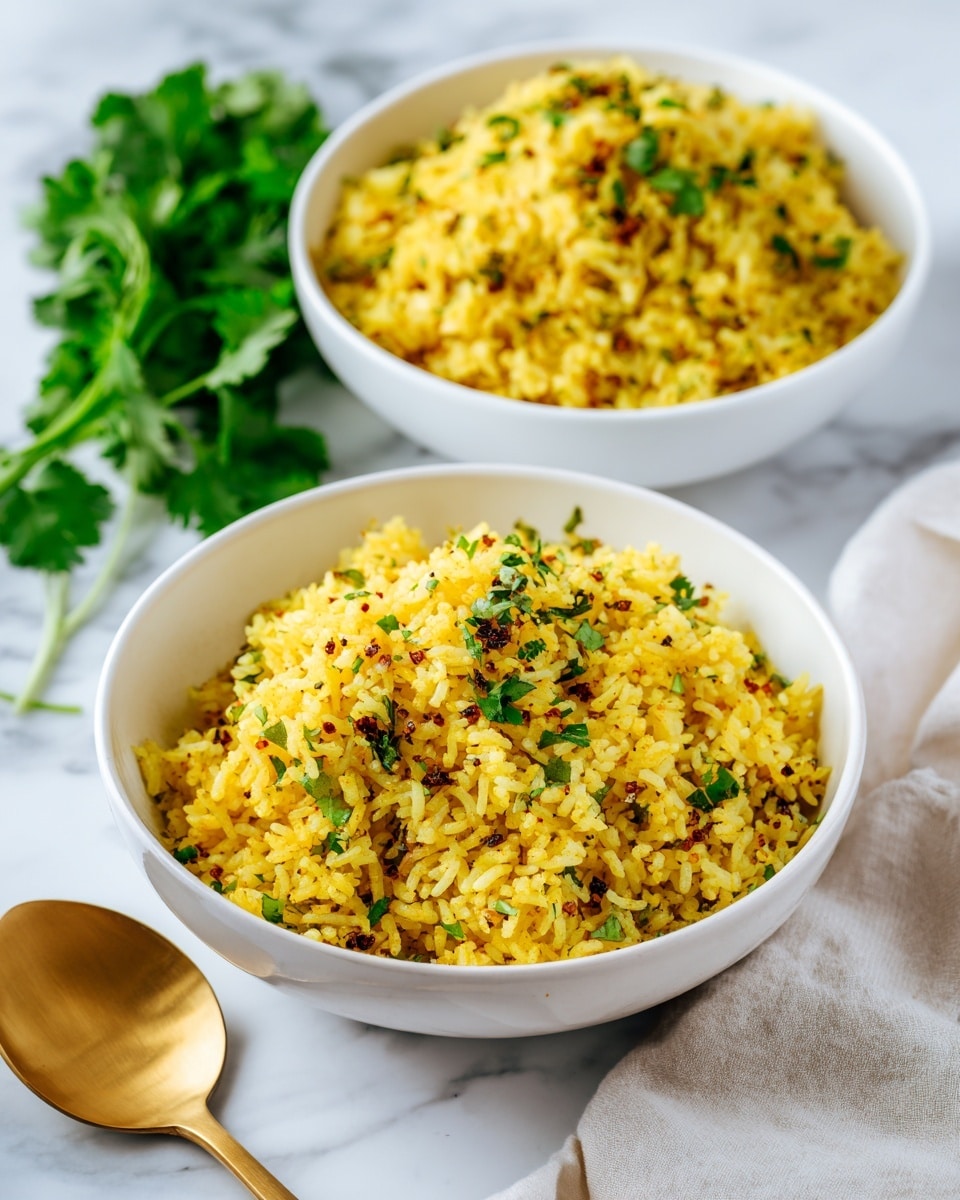 Two white bowls filled with yellow rice mix, showing small green herb leaves and bits of brown nuts or seeds scattered evenly throughout. The rice looks fluffy with a soft texture, topped lightly with fresh green herb sprigs. The bowls are placed on a white marbled surface, next to a gold spoon on the side. A bunch of fresh green herbs lies beside the bowls. Photo taken with an iphone --ar 4:5 --v 7