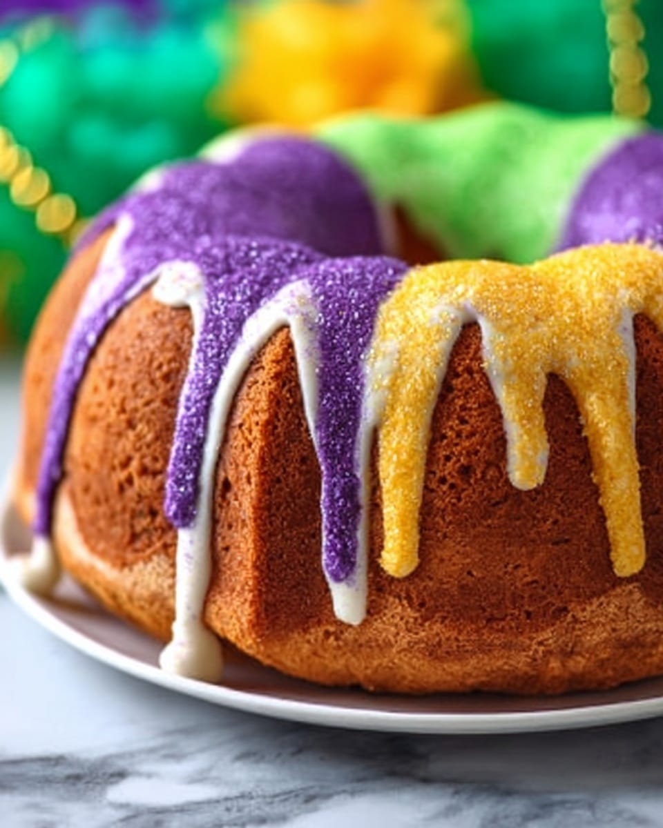 A bundt cake with a soft brown base is covered in thick, dripping icing in three sections: bright green on the left, vibrant purple in the middle, and sunny yellow on the right. The icing has a smooth, glossy texture and each color flows unevenly down the sides of the cake. The cake sits on a white plate, placed on a surface with a white marbled texture. In the blurry background, there are hints of green leaves and purple flowers. photo taken with an iphone --ar 4:5 --v 7