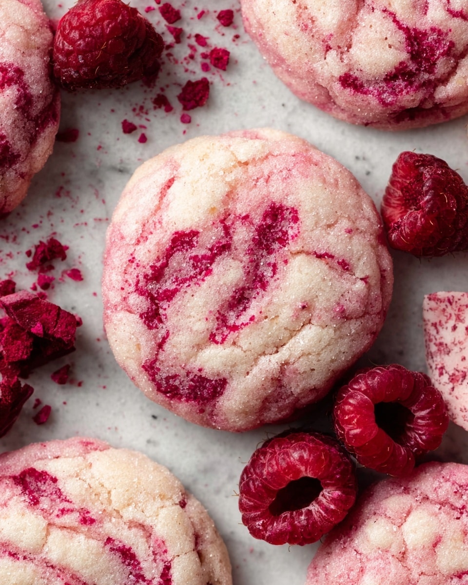 A close-up image of soft, round cookies with a light pink base mixed with darker pink swirls and small raspberry chunks inside, giving a textured, marbled look. The cookies have a slightly cracked surface dusted with fine sugar crystals, adding a sparkly effect. Around the cookies are scattered whole and crushed frozen raspberries that are deep pink and frosty. Part of a white container holding the frozen raspberries is visible on the right side, and the cookies are arranged on crinkled white parchment paper over a white marbled surface. photo taken with an iphone --ar 4:5 --v 7