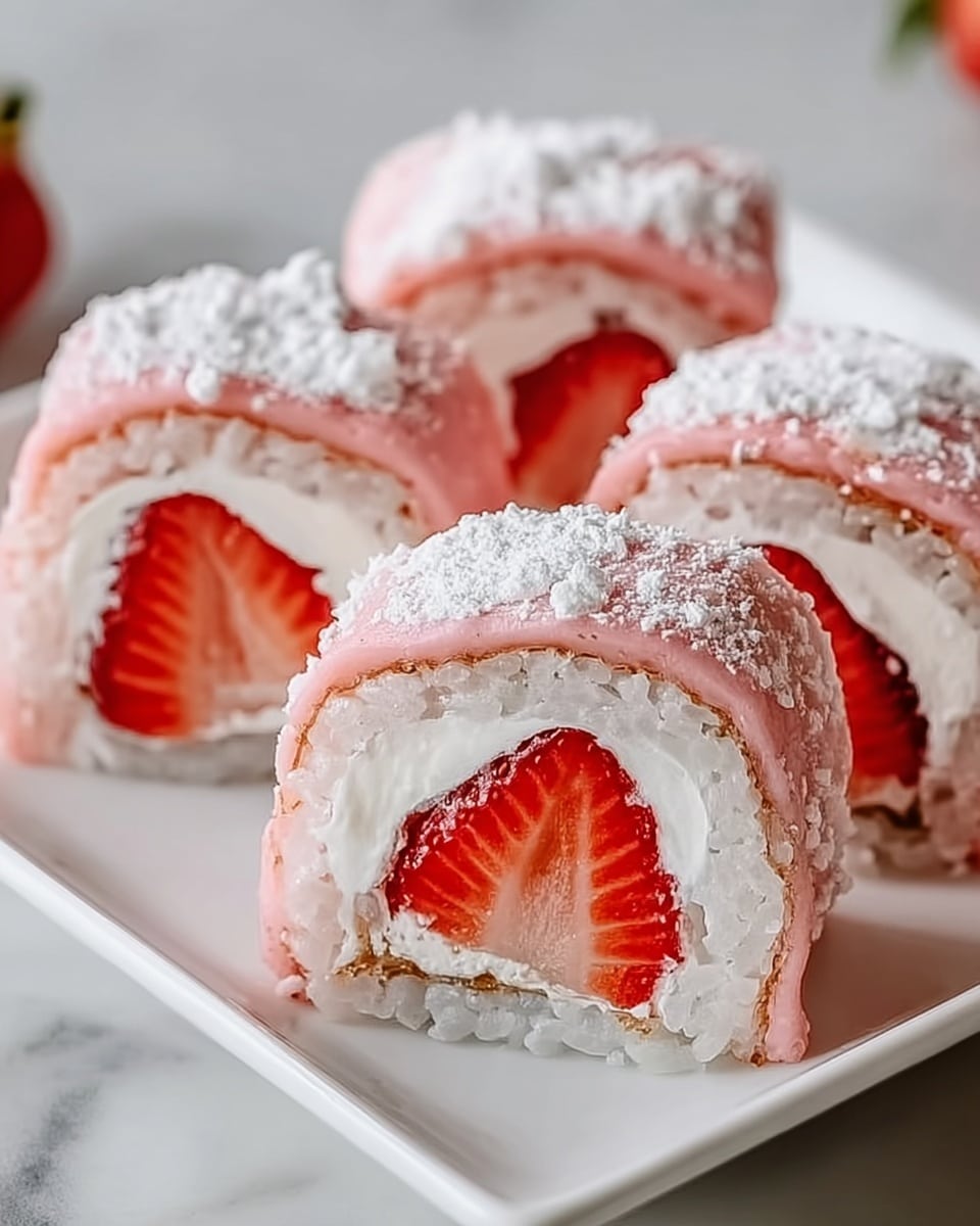 The image shows four rolls of sushi neatly placed on a white square plate, positioned on a white marbled surface. Each sushi roll has a center filled with bright red strawberry pieces, surrounded by a white creamy layer. Outside the cream is a layer of white rice, and the outermost layer is topped with a soft pink coating, dusted with fine white powder. The rolls are arranged close together, highlighting their smooth and clean texture. Photo taken with an iphone --ar 4:5 --v 7