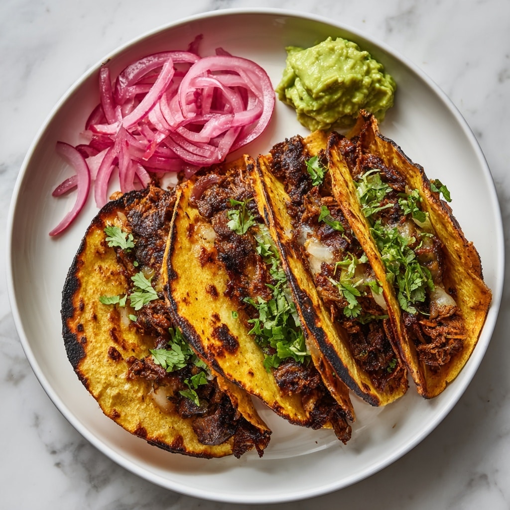 The image shows four golden-brown tacos stacked in a semi-circle on a white plate, each taco filled with a dark, rich meat mixture with small bits visible, topped with chopped green herbs. On the side, there is a small pile of thinly sliced purple onions, bright green guacamole with a creamy texture, and two lime wedges positioned at the edge of the plate. The background is a white marbled surface. Photo taken with an iphone --ar 4:5 --v 7