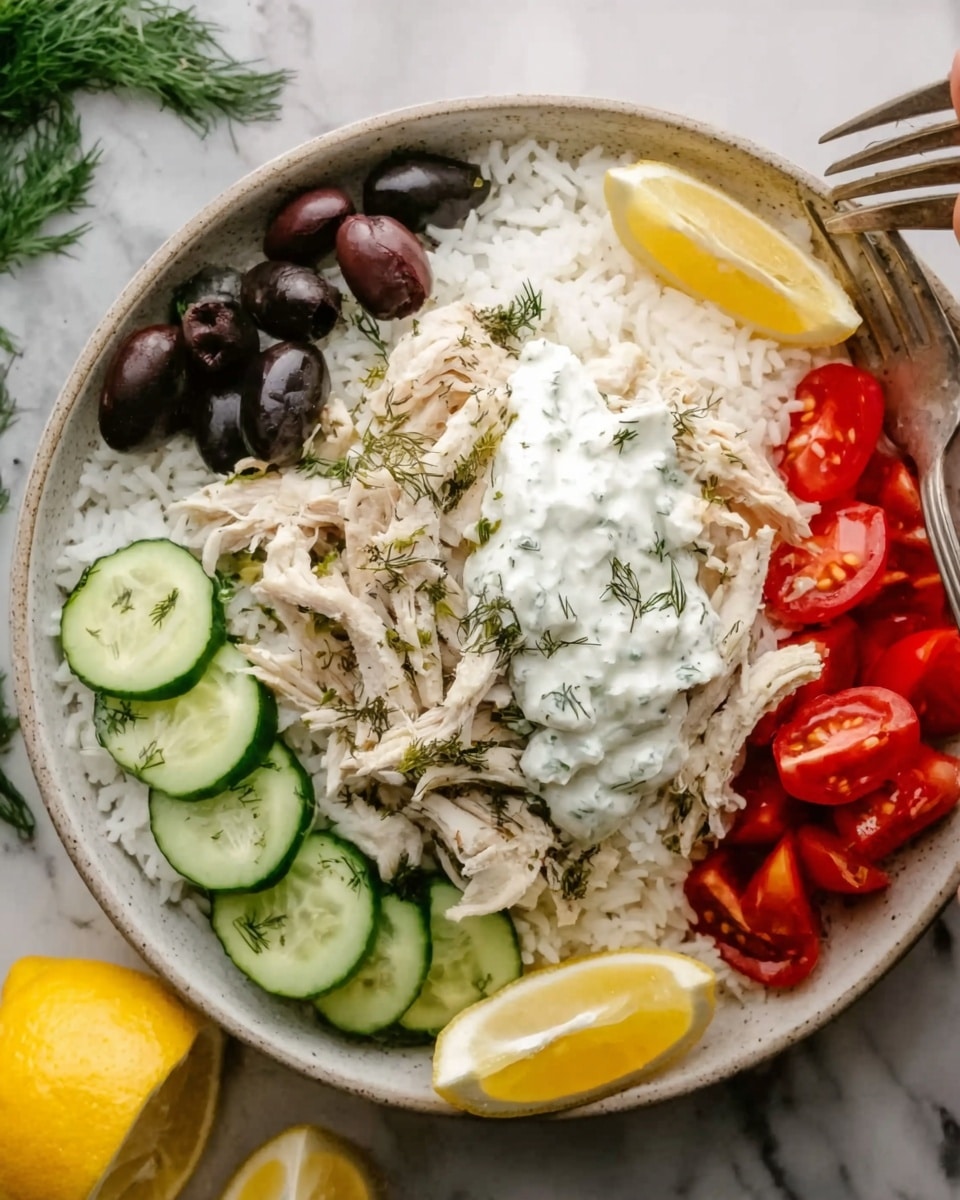 A white plate filled with a colorful Mediterranean dish, starting with a base layer of white rice at the bottom, topped with shredded light brown chicken seasoned with herbs. On one side, there are sliced dark red tomatoes with visible seeds and slices of bright green cucumber. Next to them, there are small black olives. To the right of the chicken, there is a creamy white sauce with green herb bits, resembling tzatziki, and a small wedge of yellow lemon placed on the edge of the plate. The texture of the rice is fluffy, the chicken looks tender, and the sauce appears smooth and thick. The plate is set on a white marbled surface. photo taken with an iphone --ar 4:5 --v 7