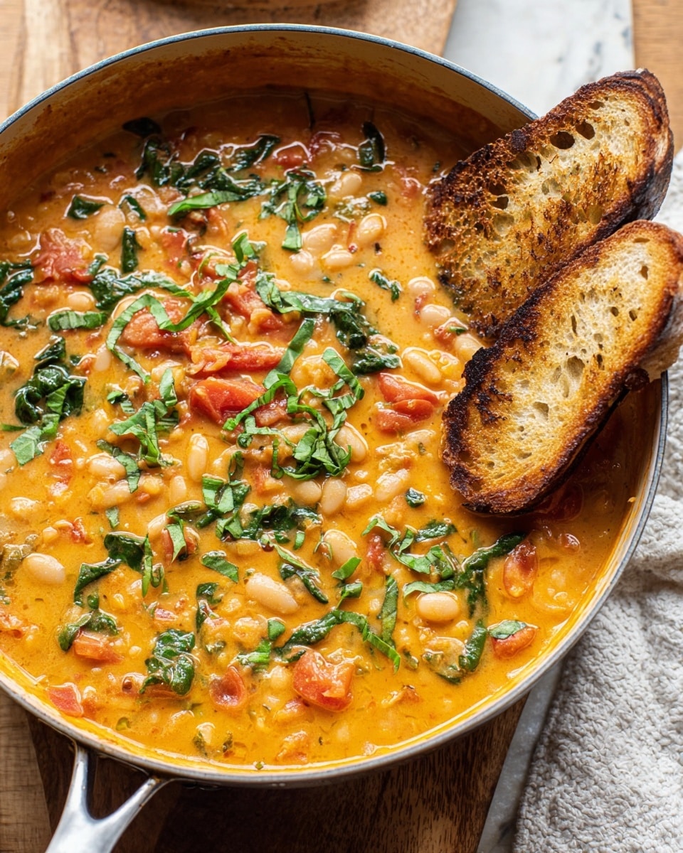 The image shows a skillet filled with a thick, orange creamy stew with visible white beans, red tomato pieces, and green leafy herbs scattered on top. The texture looks smooth with chunks of vegetables mixed in. Two toasted slices of bread are partially dipped into the stew on the right side of the skillet. The skillet is on a white marbled surface with a white textured cloth nearby. photo taken with an iphone --ar 4:5 --v 7