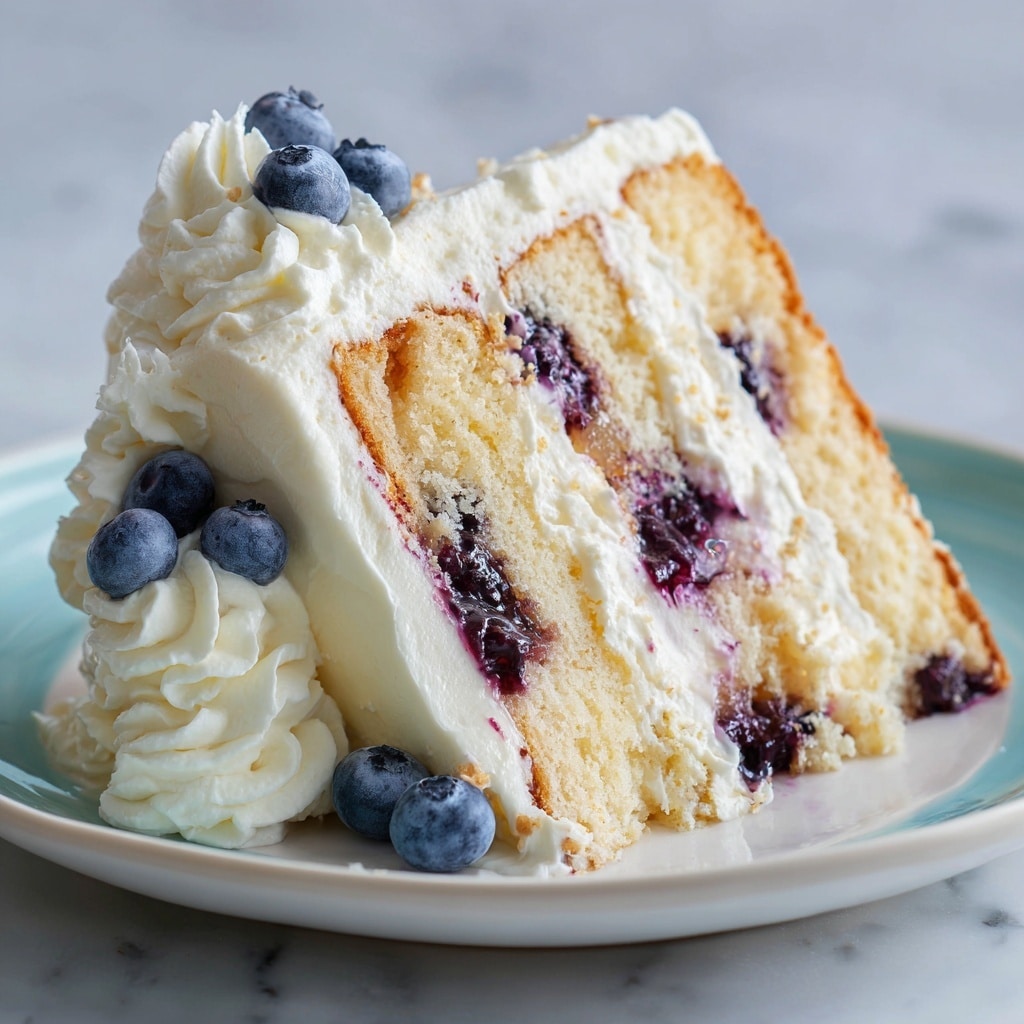 The image shows a three-layer slice of cake on a white plate with blue decorative edges, placed on a white marbled surface. The cake has alternating layers of white cream and light yellow cake mixed with dark purple berries, with visible berry pieces in each layer. On the right side of the cake slice, there is a small swirl of white cream topped with several dark purple berries. A lemon half is blurred in the background. The texture of the cake looks soft and moist, and the cream appears smooth and fluffy. Photo taken with an iphone --ar 4:5 --v 7