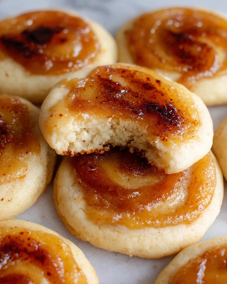 This image shows several round cookies with two layers each, placed on a white marbled surface. The bottom layer is a light beige, soft-looking cookie base with a smooth texture. On top, there is a thicker, glossy layer of caramel or cinnamon sugar blend with a slightly burnt caramelized pattern in darker brown colors. One of the cookies in the front has a bite taken out of it, revealing the soft, crumbly texture of the bottom cookie layer beneath the shiny top. The lighting highlights the shiny, sticky texture of the caramel topping. photo taken with an iphone --ar 4:5 --v 7