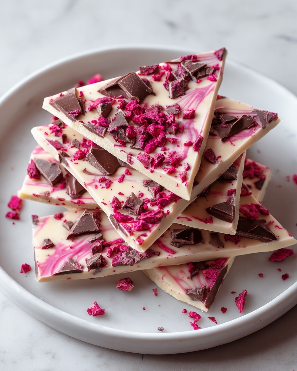 A stack of five irregularly shaped pieces of white chocolate bark sits on a white plate placed on a white marbled surface. Each piece has swirls of dark pink and maroon throughout the creamy white base, with small chunks of dark brown chocolate and bright red dried berry pieces scattered on the surface and embedded inside. The pieces are layered unevenly, creating a slight height difference, and some berry crumbs are scattered around the plate edge. The background is softly blurred, focusing attention on the colorful chocolate bark. photo taken with an iphone --ar 4:5 --v 7