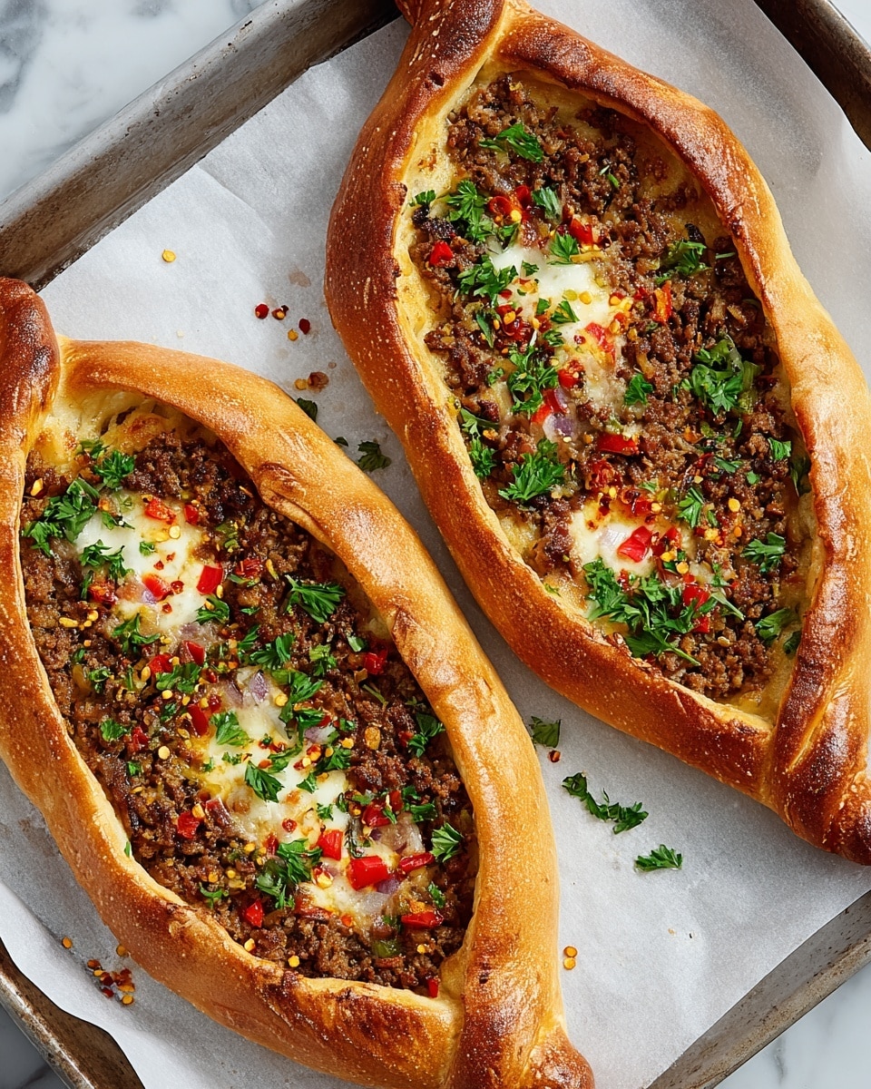 The image shows two boat-shaped flatbreads with golden-brown, crusty edges twisted slightly at the ends. Each flatbread has a thick, textured layer of cooked ground meat mixed with small bits of diced red bell pepper and onions spread across the center, topped with scattered small green parsley leaves. There are also some melted white cheese patches peeking through the meat mixture, sprinkled with a few chili flakes and small seeds. The breads rest on a sheet of white parchment paper, which is placed on a baking tray, all set on a white marbled surface. photo taken with an iphone --ar 4:5 --v 7