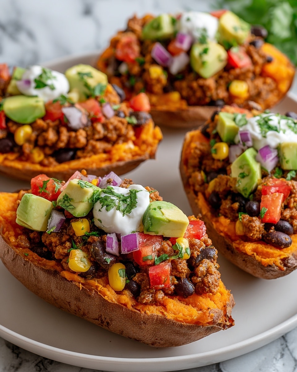 The image shows four stuffed sweet potato halves arranged on a white plate sitting on a white marbled surface. Each sweet potato half has a rough orange inner layer of soft cooked sweet potato filling the brown textured potato skin. On top, there is a thick layer of cooked ground meat mixed with black beans, yellow corn, and diced red tomatoes, creating a textured mix with red, black, and yellow colors. Small green avocado chunks, finely chopped red onions, and a dollop of white sour cream sit on the meat mixture, garnished with lime wedges and chopped green herbs, adding fresh green and purple notes. Photo taken with an iphone --ar 4:5 --v 7