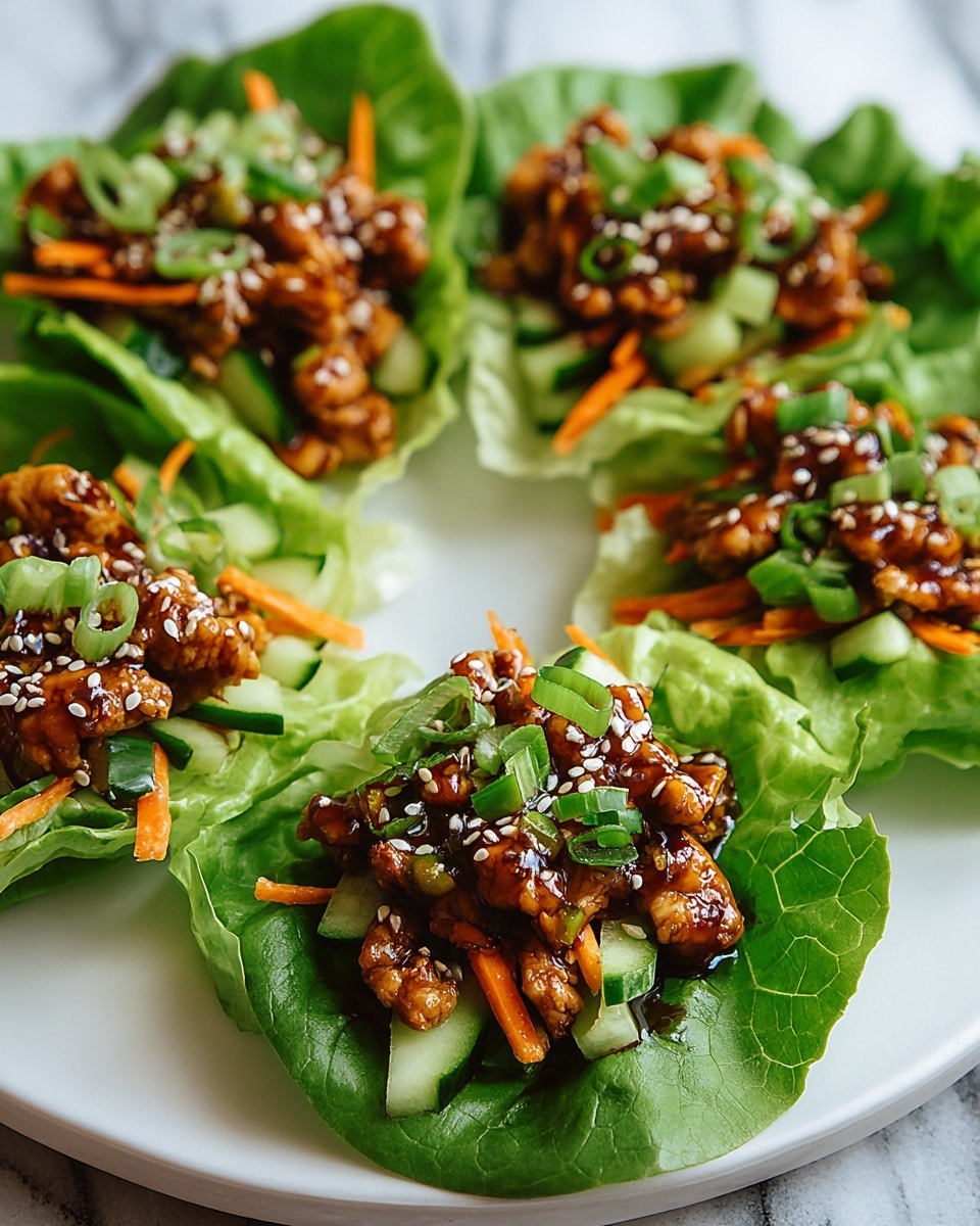 The image shows five bright green lettuce leaves placed on a white plate with a white marbled texture underneath. Each lettuce leaf holds a filling of small, glossy, brown chicken pieces coated in a sauce, topped with thin orange carrot strips, small bright green cucumber chunks, and sprinkled with white sesame seeds and chopped scallions. The combination of colors and textures creates a fresh and vibrant look. photo taken with an iphone --ar 4:5 --v 7