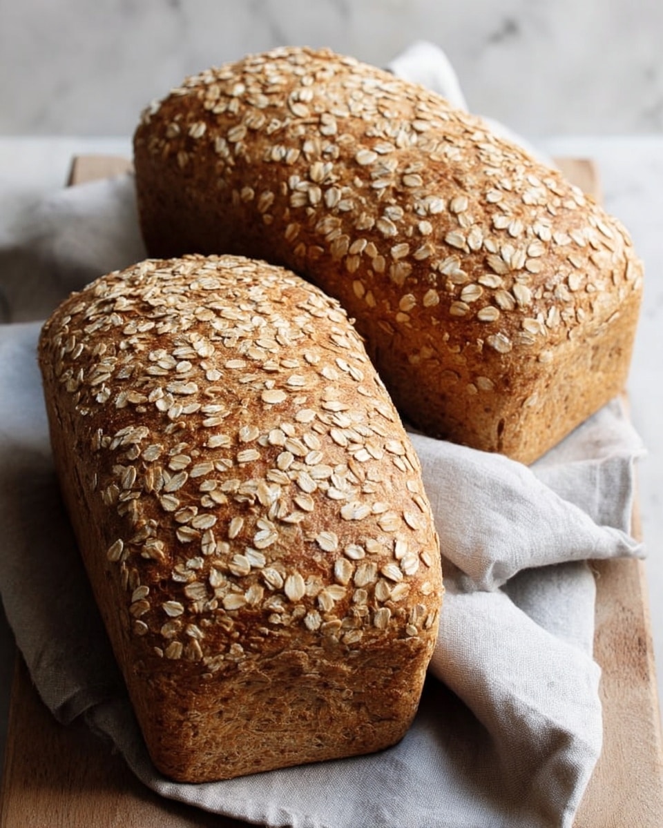 Two loaves of brown bread with a crust covered in rolled oats lie on a soft light gray cloth, which rests on a wooden surface. The bread has a rough, hearty texture with small cracks on the crust, showing a fresh and baked look. The background wall is light with a smooth texture, creating a simple, calm setting. Photo taken with an iphone --ar 4:5 --v 7
