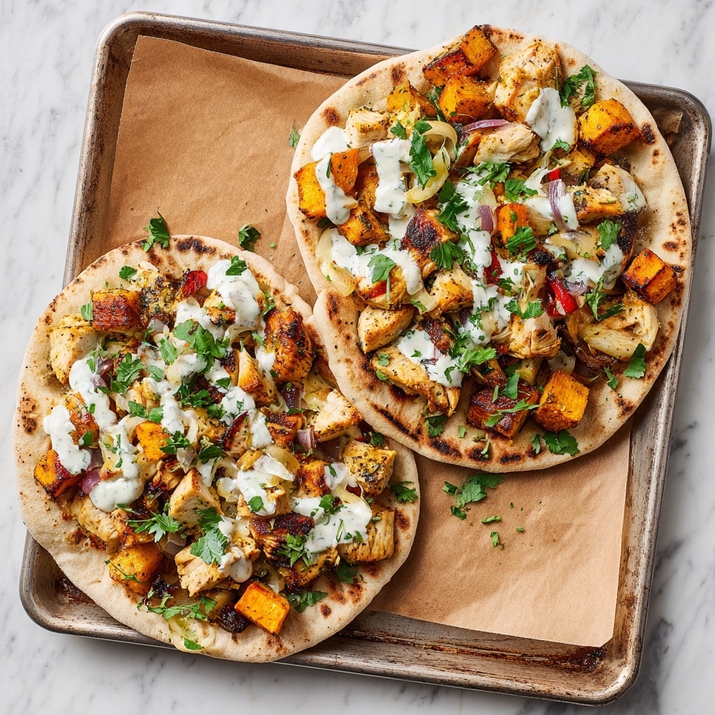 The image shows three white soft pitas placed on a white marbled surface, each folded and filled with three layers: the bottom layer has warm, light golden, slightly charred pita bread; the middle layer has bright orange grilled chicken pieces with a slightly glossy texture and some diced red bell peppers; the top layer is drizzled with a thick, creamy white herb ranch sauce speckled with green herbs and garnished with fresh chopped green cilantro leaves scattered over the sauce and chicken. Photo taken with an iphone --ar 4:5 --v 7