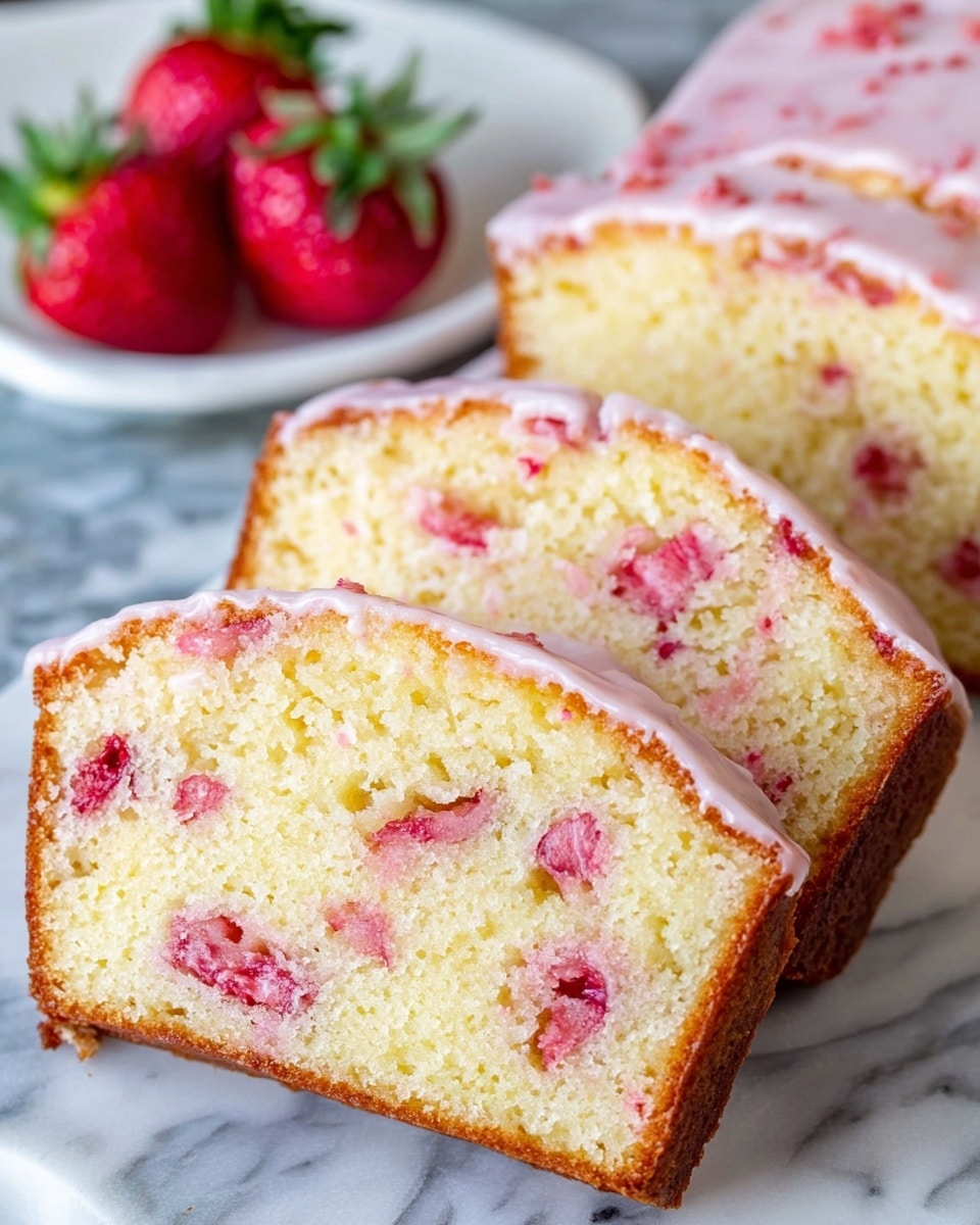 The image shows three slices of a light yellow cake with small red strawberry pieces mixed inside. Each slice has a thin, slightly glossy pink glaze on top that gives a shiny texture. The cake slices are placed in a row on a white marbled surface, with fresh whole strawberries blurred in the background on a white plate. The cake looks soft and moist with a few small air holes visible in the texture. Photo taken with an iphone --ar 4:5 --v 7