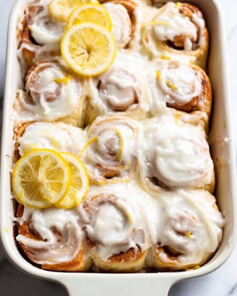 The image shows a white rectangular baking dish filled with about ten soft, thick cinnamon rolls placed close together in neat rows. Each roll is covered with a smooth, shiny white glaze that drips slightly down the sides, giving them a fresh and sticky look. In the bottom right corner of the dish, there are two bright yellow lemon slices lying flat, adding a fresh color contrast to the warm brown and white tones of the rolls. The dish is set on a white marbled surface. Photo taken with an iphone --ar 4:5 --v 7