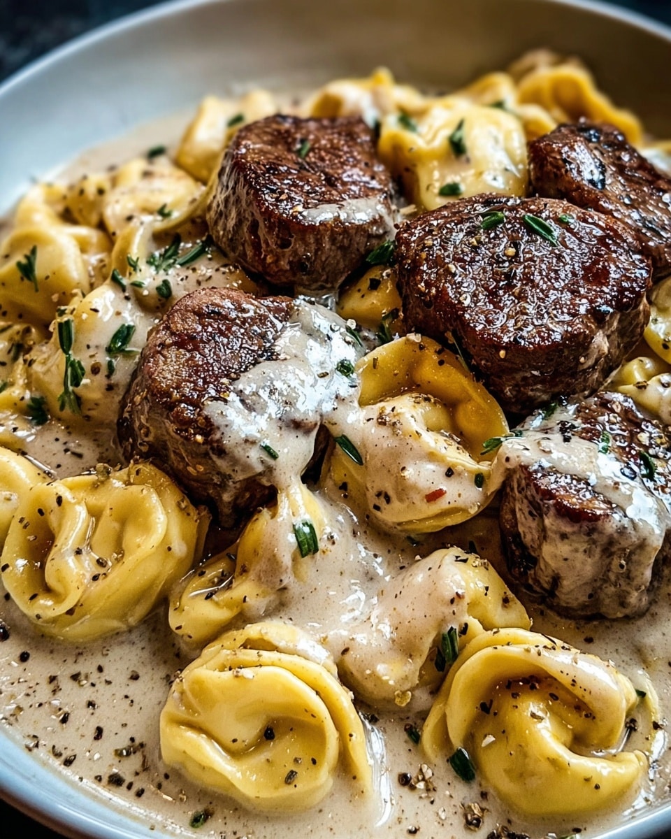 A close-up of a white plate filled with four layers: the first layer is a creamy light brown sauce with a smooth texture covering the bottom, the second layer consists of yellow tortellini pasta scattered evenly, the third layer shows medium to large chunks of browned meat placed over the pasta, and the top layer has a drizzle of the creamy sauce along with small green herb bits sprinkled evenly, all set against a white marbled surface. photo taken with an iphone --ar 4:5 --v 7